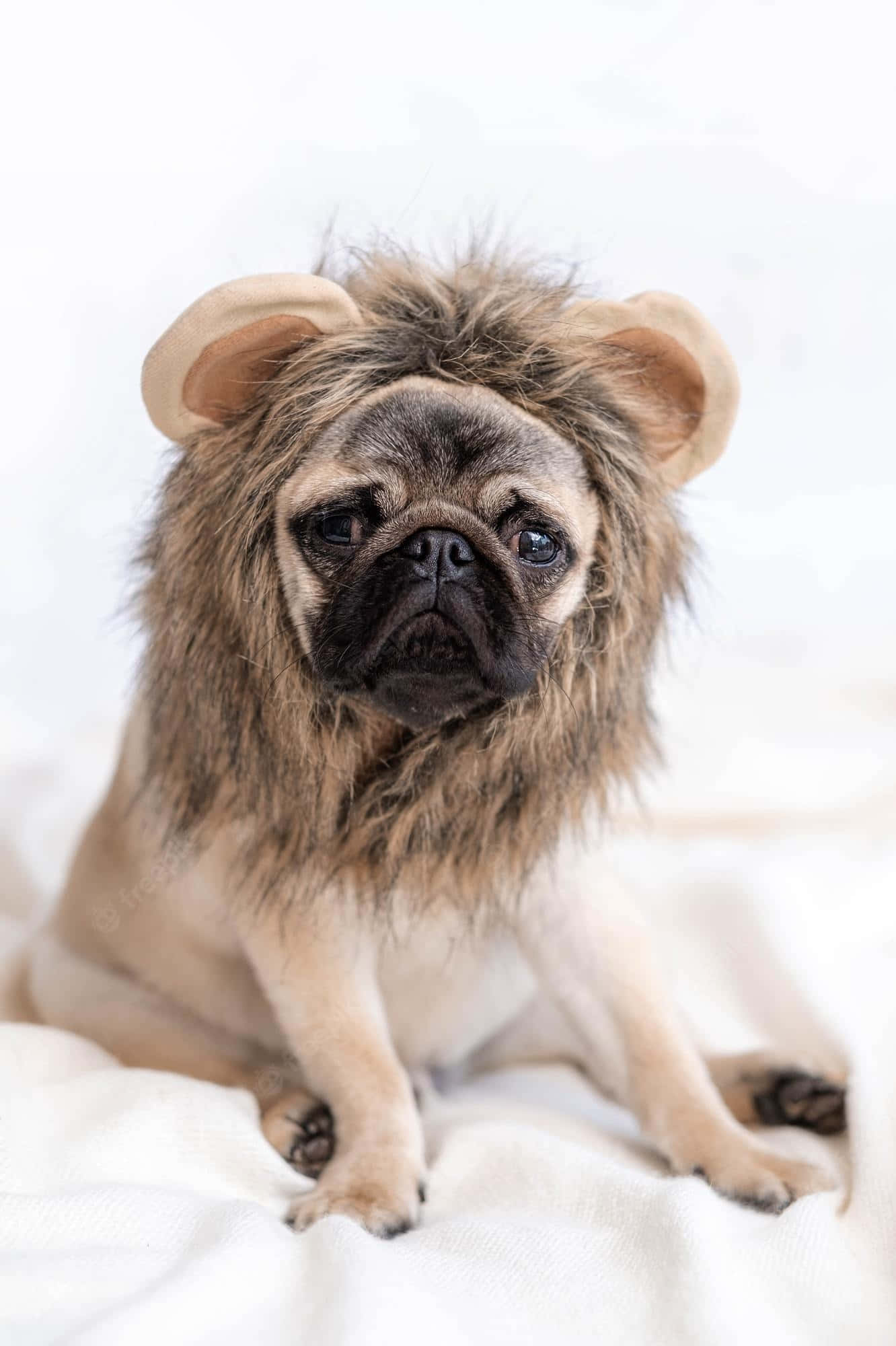 搞笑鬥牛犬穿獅子服圖 壁紙 — 一隻巴哥犬穿著獅子鬃毛服裝，莊嚴地坐在白色毯子上，背景明亮。