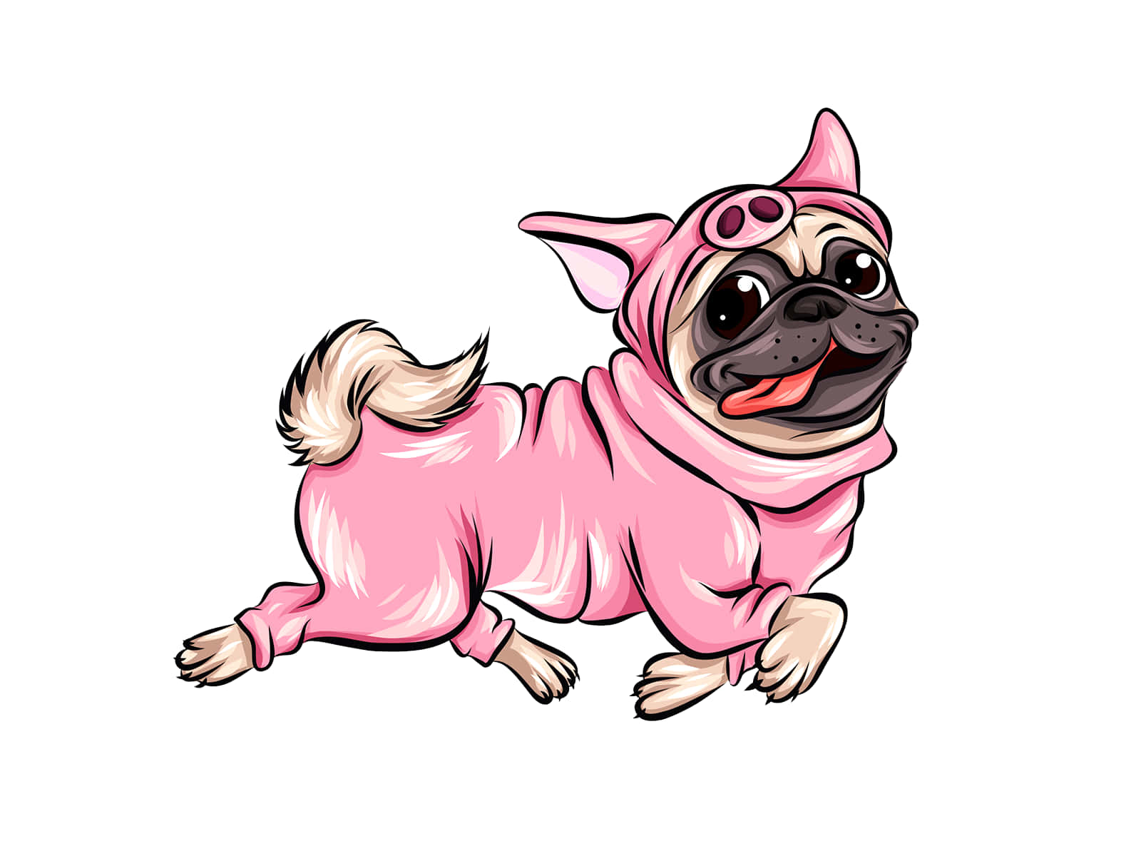 搞笑鬥牛犬穿豬造型服圖 壁紙 — 一隻快樂的卡通八哥犬，穿著粉紅色太空服，戴著護目鏡，面帶微笑。
