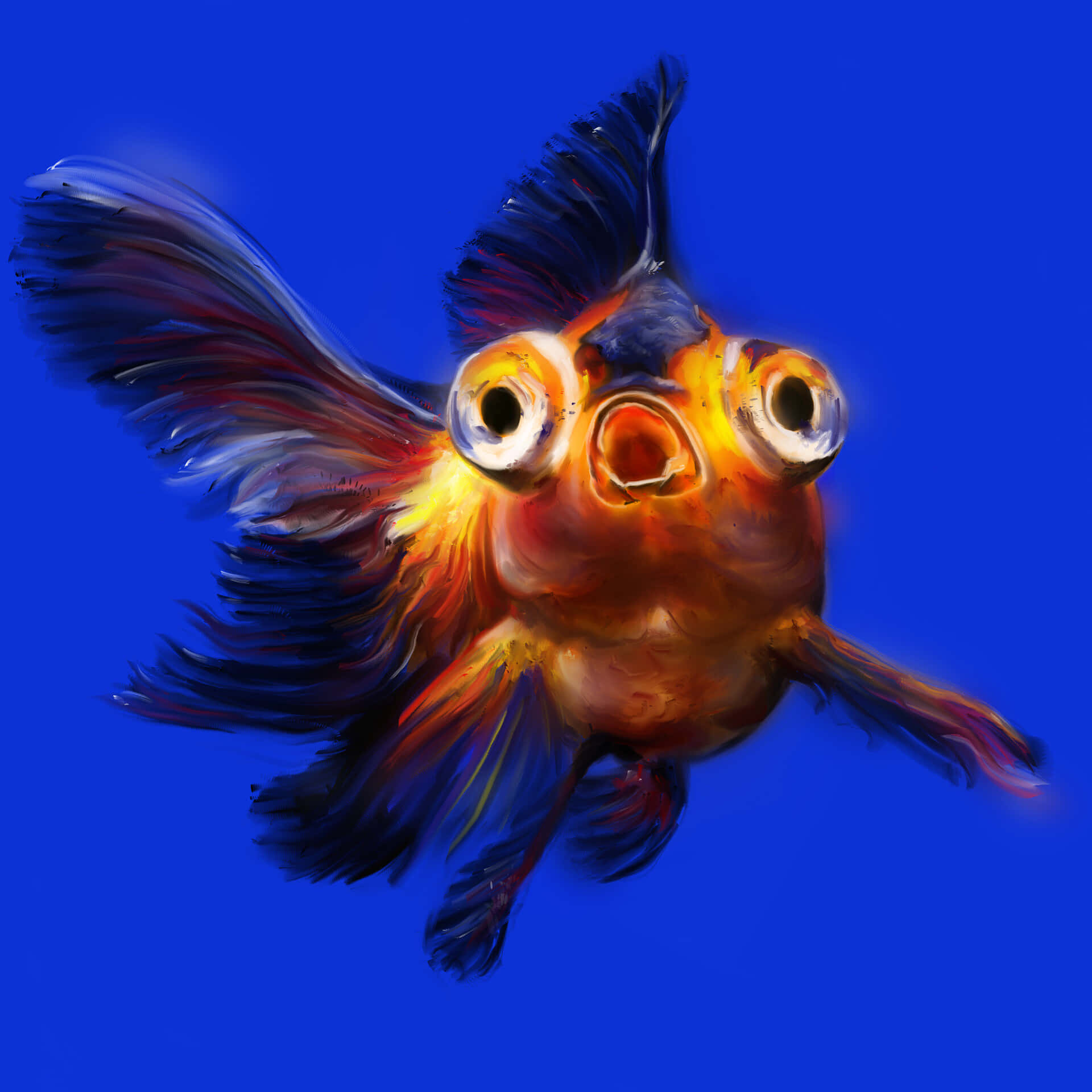 搞笑魚兒繪畫照 壁紙 — 一條卡通金魚，眼睛大大，魚鰭飄逸，在純藍色背景中游動。