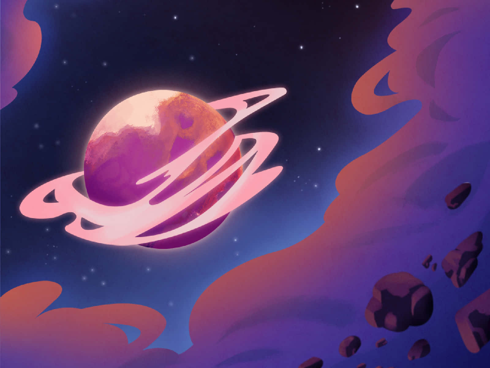 搭乘 Space Zoom 走進其他世界 壁紙 — 一顆帶有發光粉紅色環的風格化行星，在繁星點點的紫色天空下，漂浮在宇宙雲和漂浮的岩石之間。