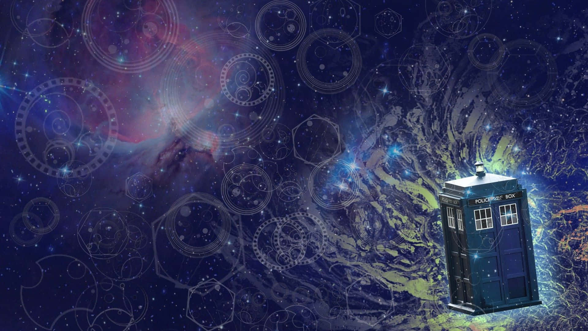 藍色警察電話亭在色彩繽紛的星空星雲中漂流，帶有漂浮的幾何設計。