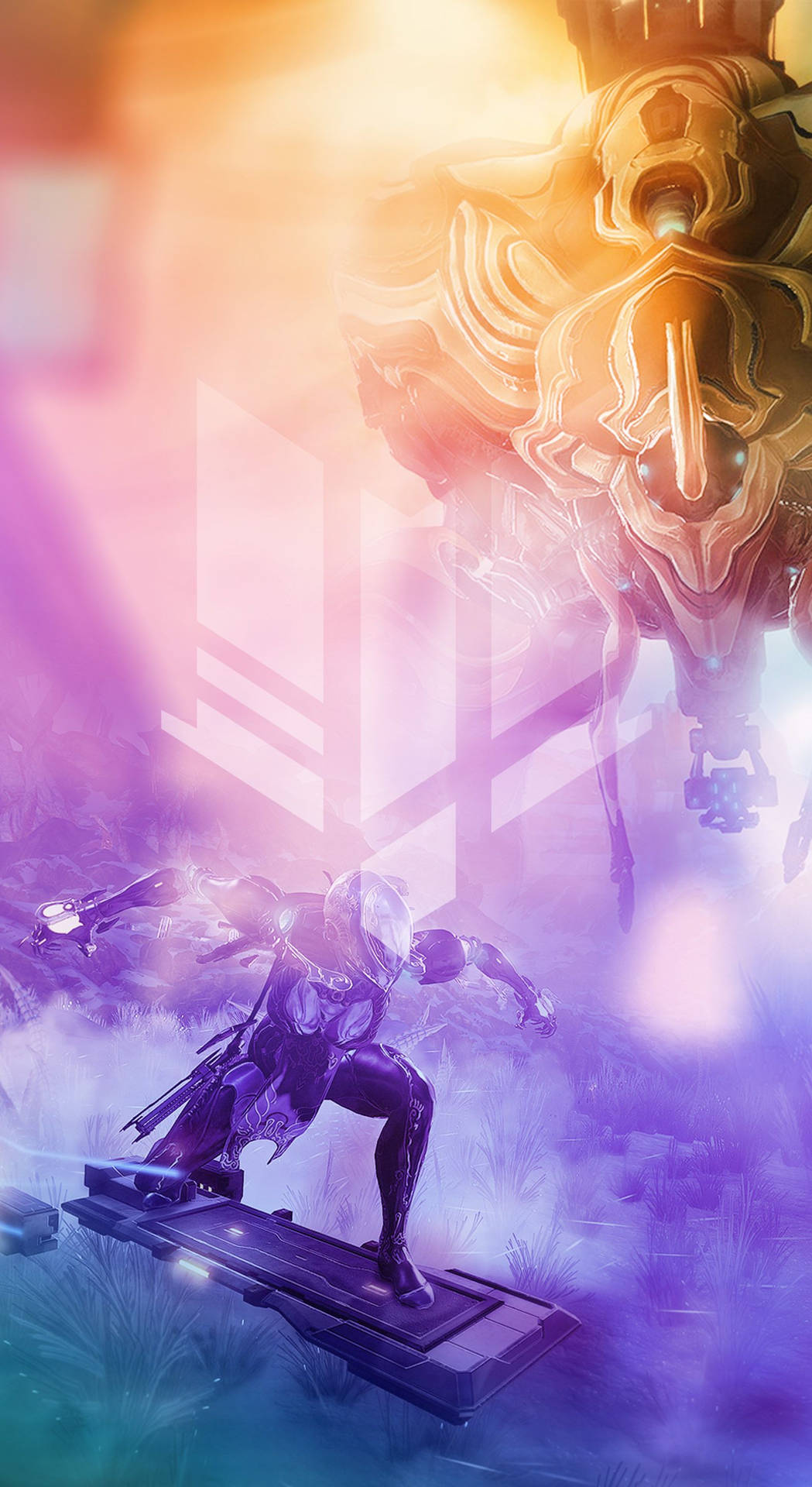 平台上的未來戰士面對巨大的機械生物，背景是鮮豔的紫色和橙色天空。