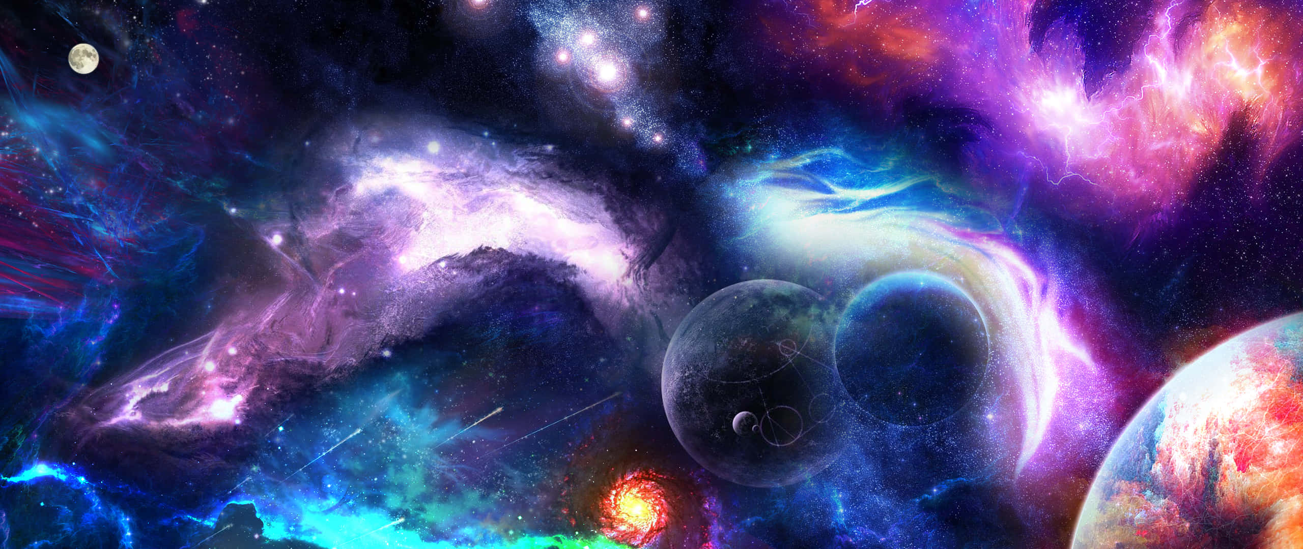 搭乘「太空變焦」探索宇宙奇觀 壁紙 — 充滿活力的宇宙星雲圍繞著發光的行星和遙遠的恆星旋轉，構成令人嘆為觀止的太空景觀。