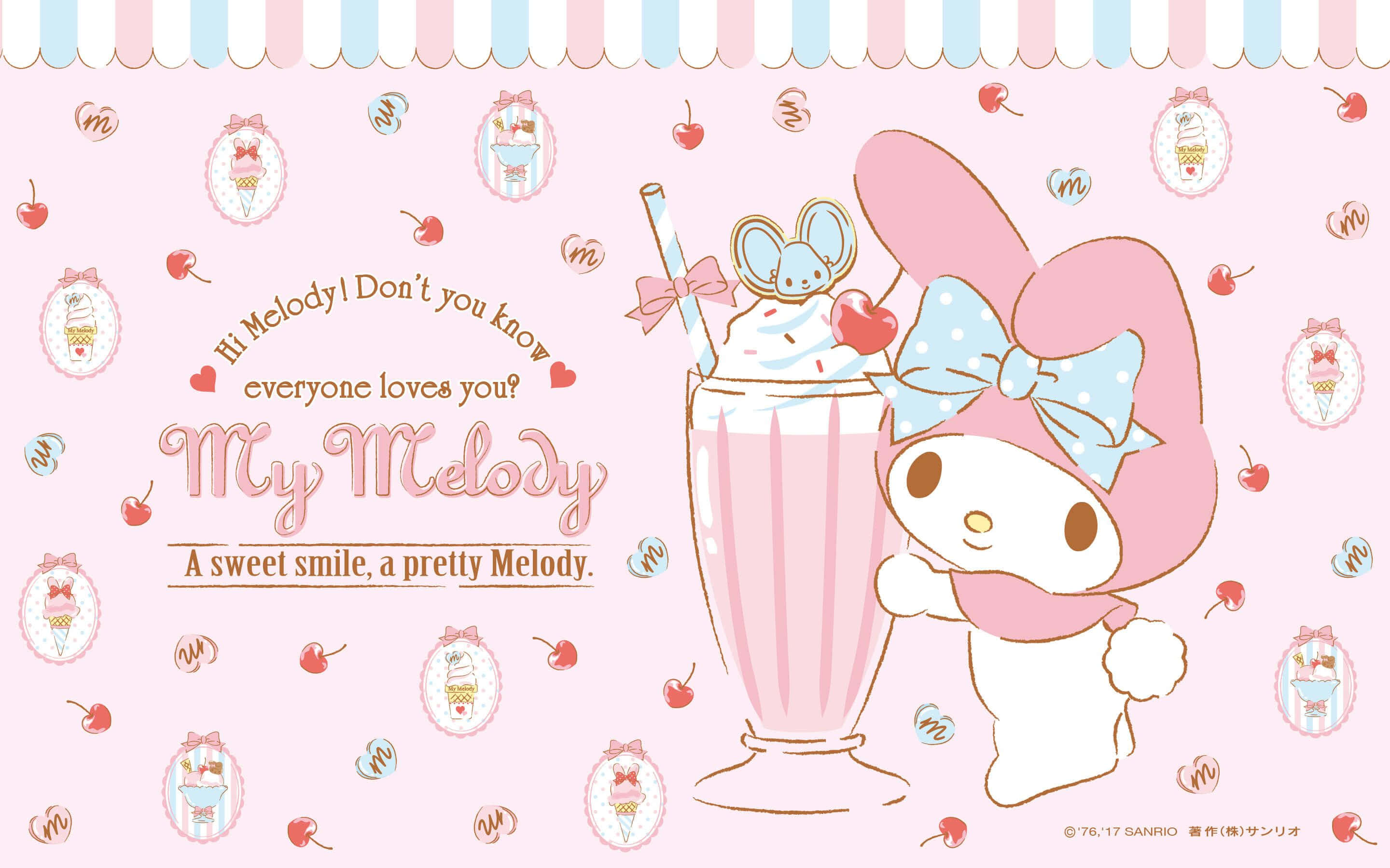 搭乘My Melody筆記型電腦，暢享多媒體娛樂 壁紙 — 粉紅色兔仔My Melody手持一個巨型櫻桃奶昔，上面有老鼠裝飾，背景係粉彩色粉紅色，散落櫻桃同埋有框嘅雪糕圖案。