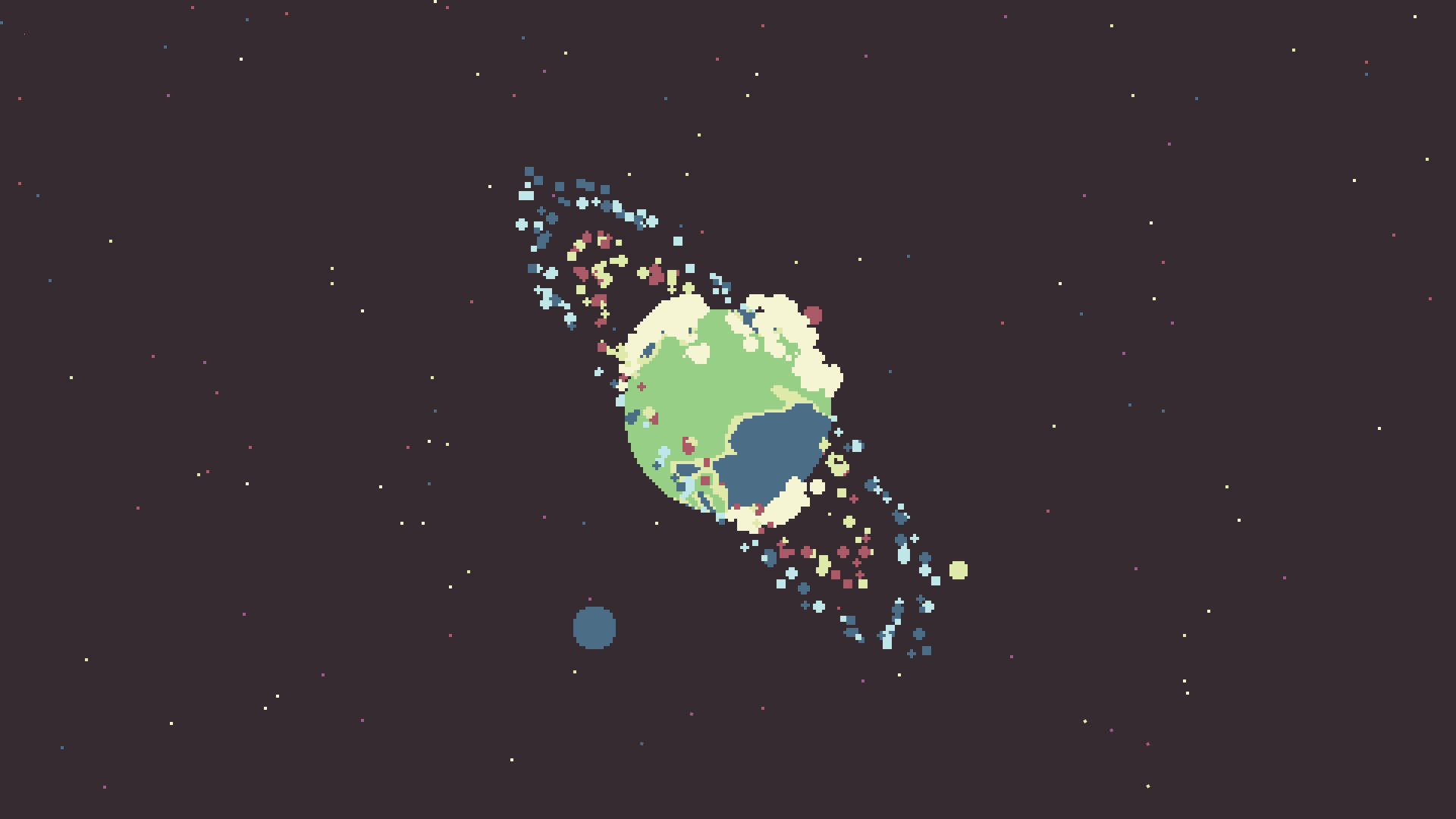 搭乘Pixel探索土星環 壁紙 — 像素化地球帶有彩色粒子軌跡，環繞黑暗星空背景運行。