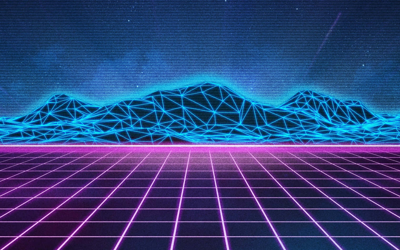 霓虹網格地板通向發光的藍色線框山脈，在星空夜空下。