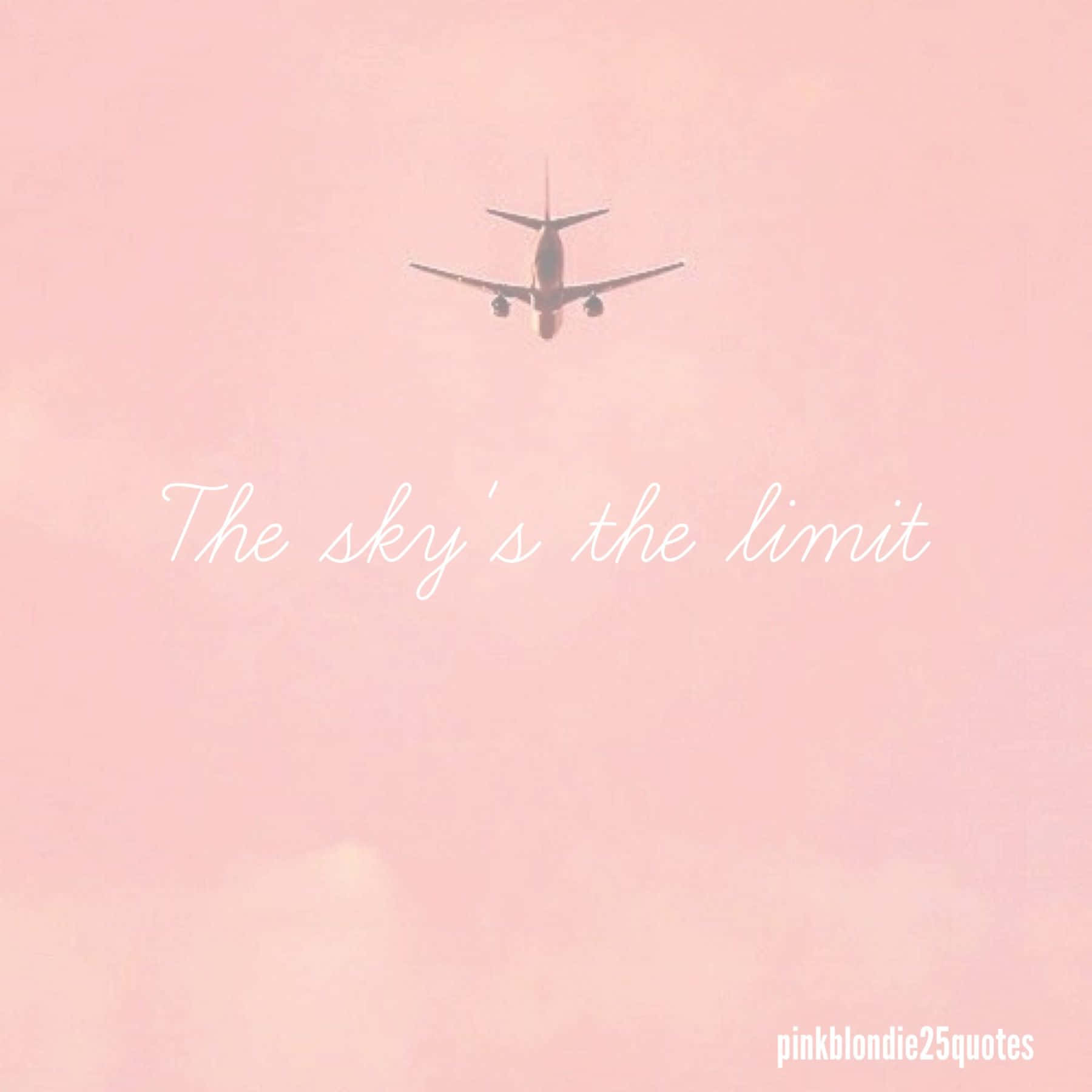 一架飛機在粉紅色天空中飛行，帶有文字「The sky's the limit」。