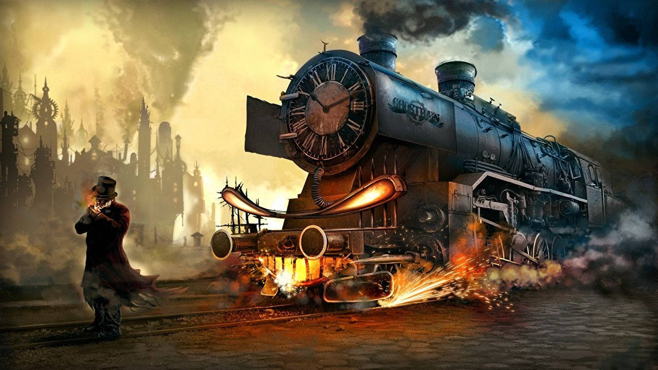 蒸氣龐克火車在煙霧瀰漫的工業城市中帶著發光的火花，旁邊有戴高帽的人物。