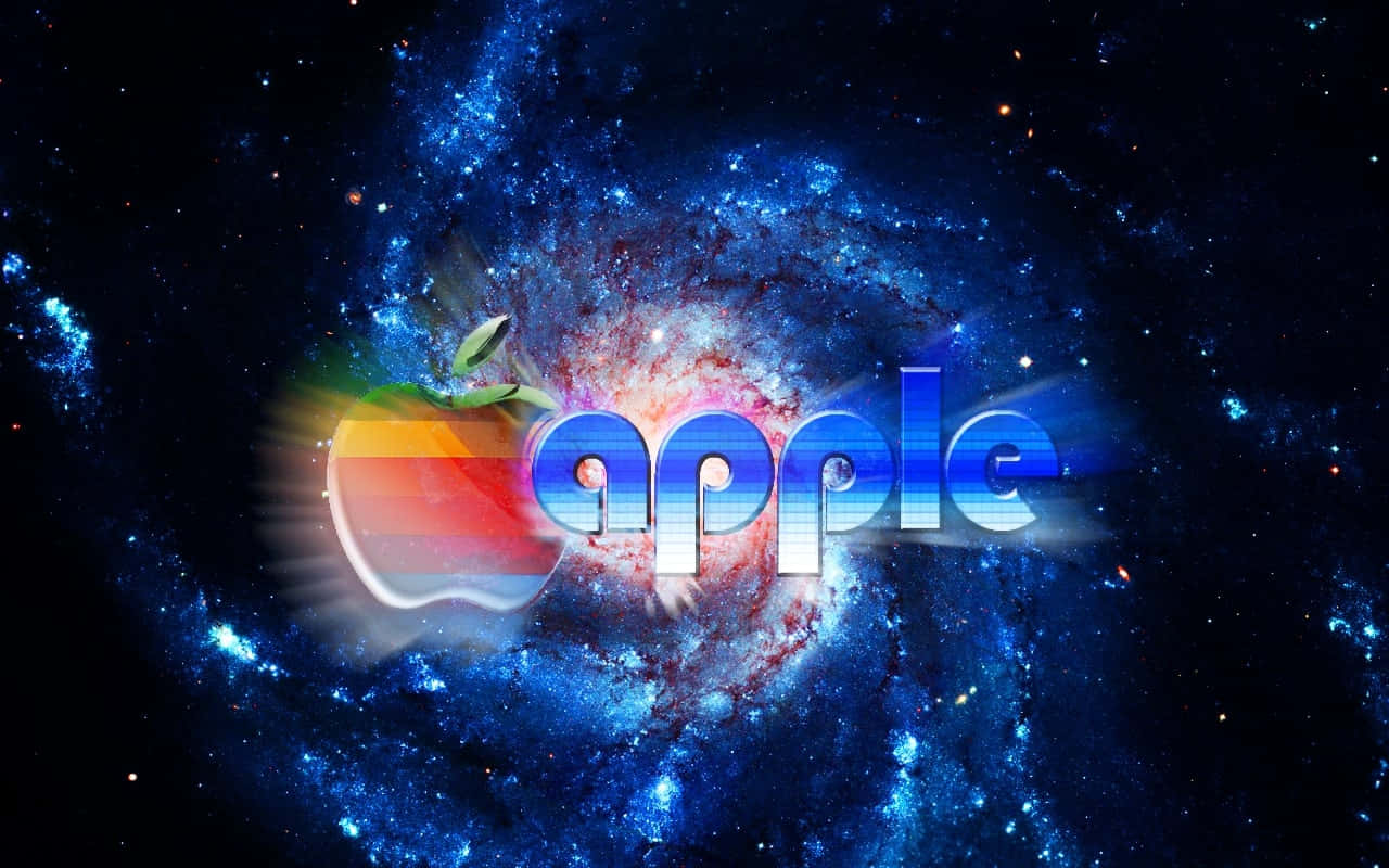 帶有彩虹漸變的Apple標誌在充滿星星的宇宙星雲中發光。
