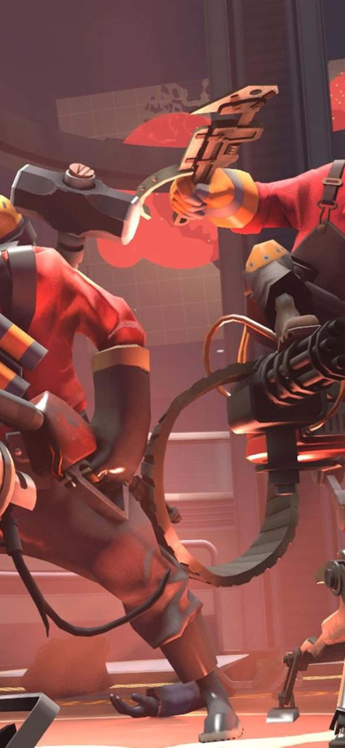 搭配 Apple 與 Valve《團隊突擊2》於 iPhone XS 出擊 壁紙 — 兩個身穿紅色套裝的裝甲角色在昏暗的工業環境中用重型武器交鋒。