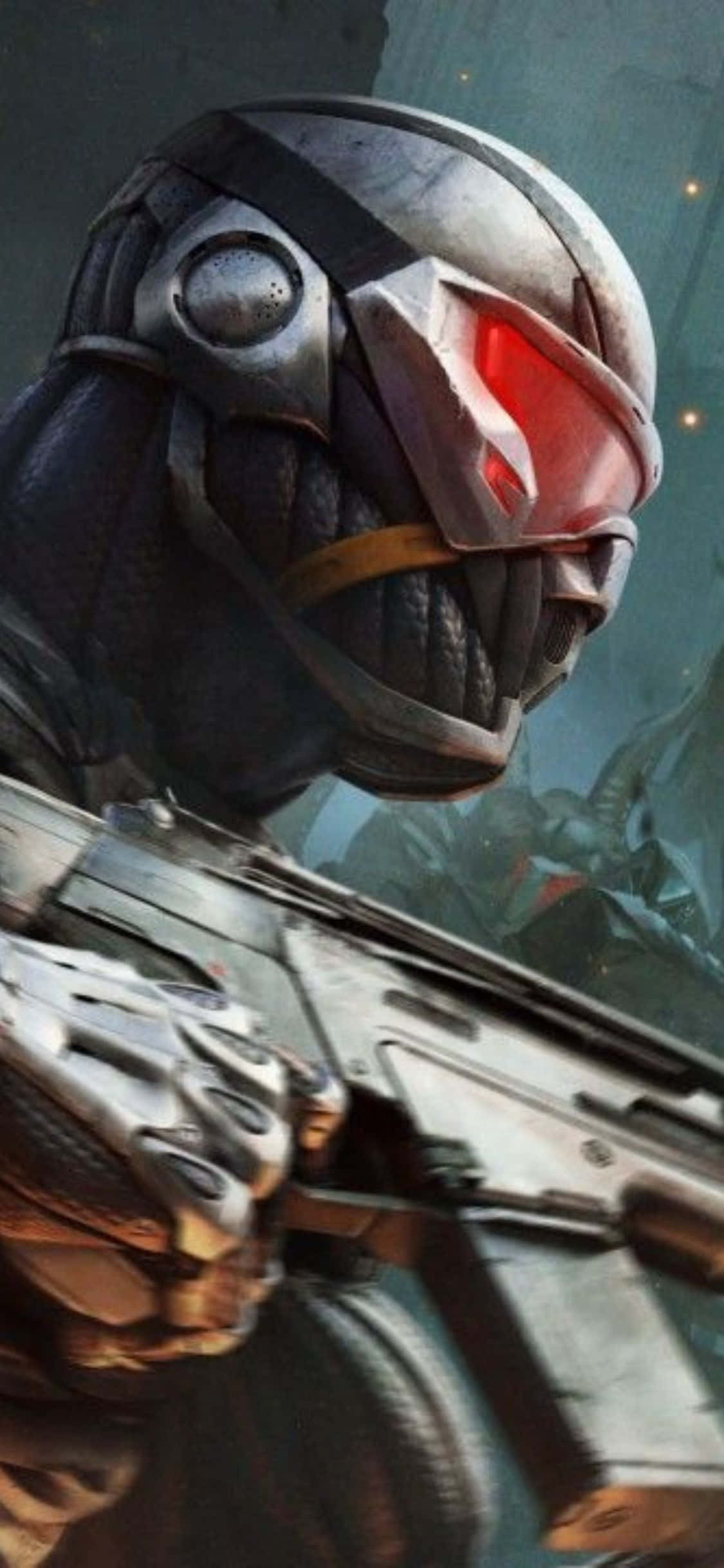 搭配 iPhone X 與 Crysis 3，迎接極致遊戲體驗 壁紙 — 一名未來戰士戴著金屬頭盔，眼睛發出紅光，在昏暗的科幻戰場上瞄準一把高科技步槍。