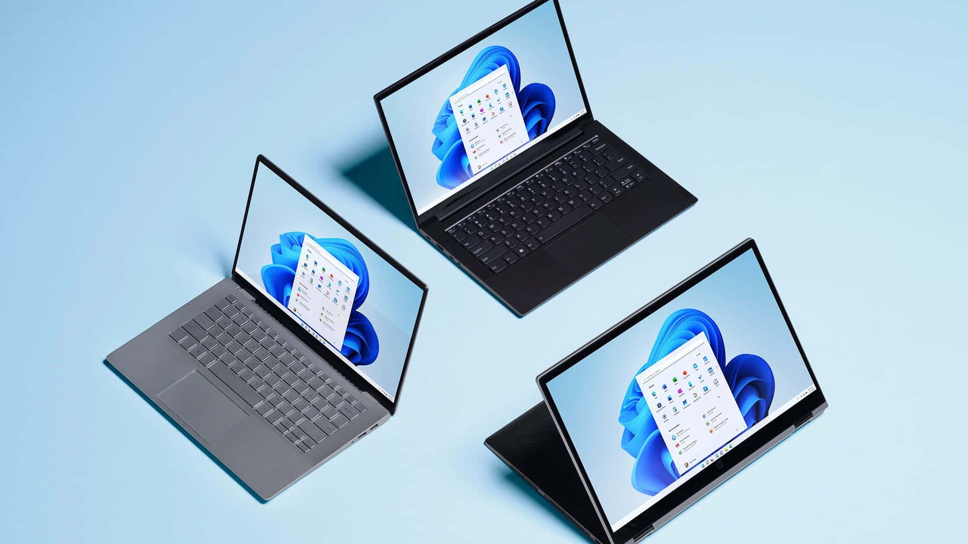 三部手提電腦在藍色背景上顯示 Windows 11 介面
