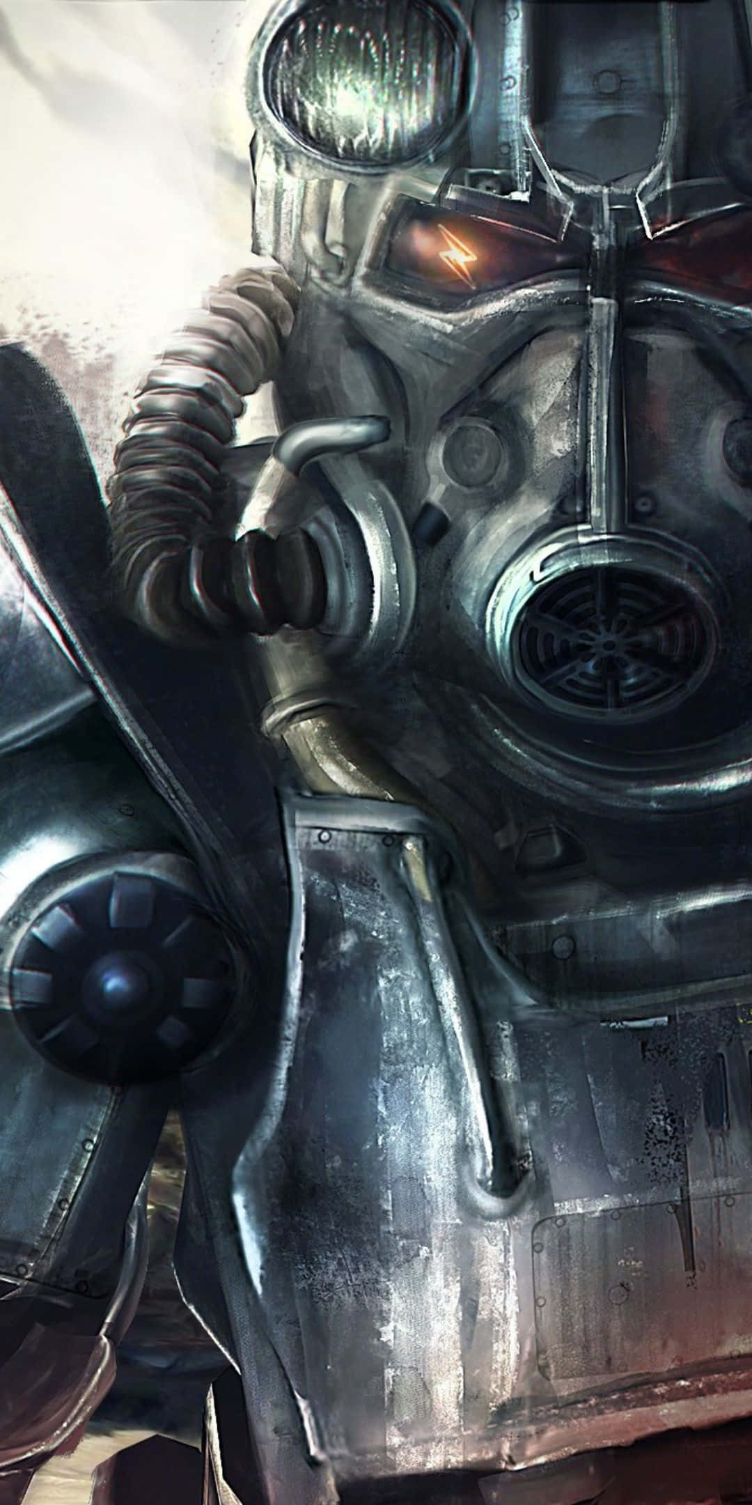 搭配 Pixel 3 享受 Fallout 76 的鮮豔後末日世界 壁紙 — 特寫一個風化的金屬動力裝甲頭盔，帶有發光的橙色眼鏡和複雜的機械細節。