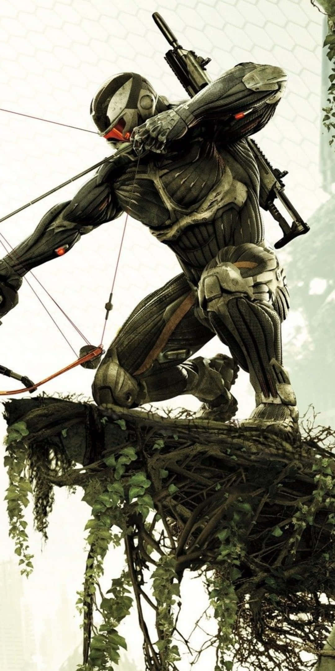 搭配 Pixel 3 與 Crysis 3，享受升級畫質體驗 壁紙 — 一名身穿裝甲服的未來戰士蹲在藤蔓覆蓋的廢墟上，用發光的紅色眼睛瞄準弓箭。