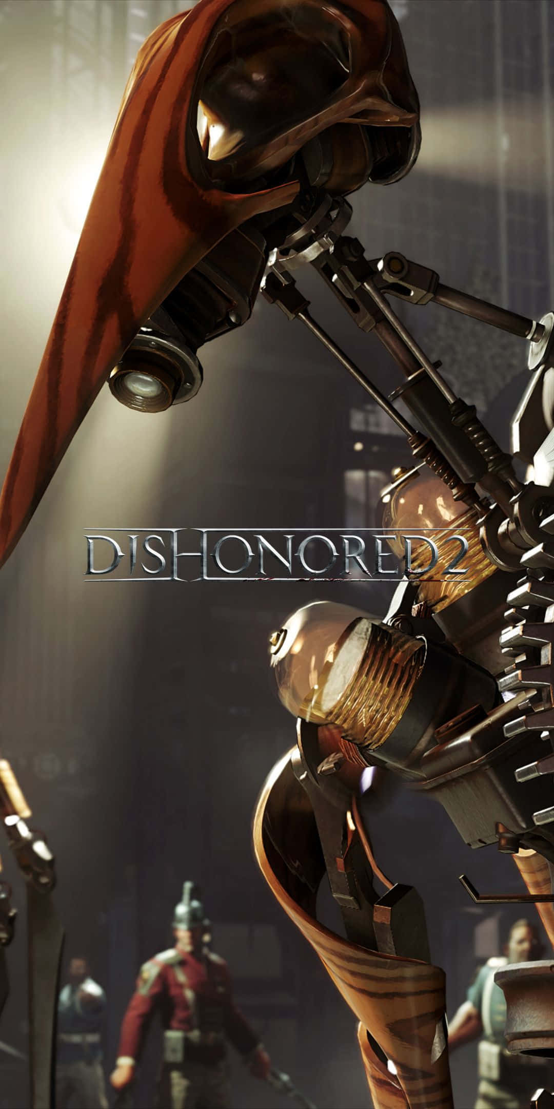 搭配 Pixel 3 與 Dishonored 2，體驗震撼視覺與沉浸劇情 壁紙 — 一個戴著紅色兜帽的威脅性機械身影，在昏暗的城市小巷中若隱若現，在下面的士兵身上投下長長的陰影。