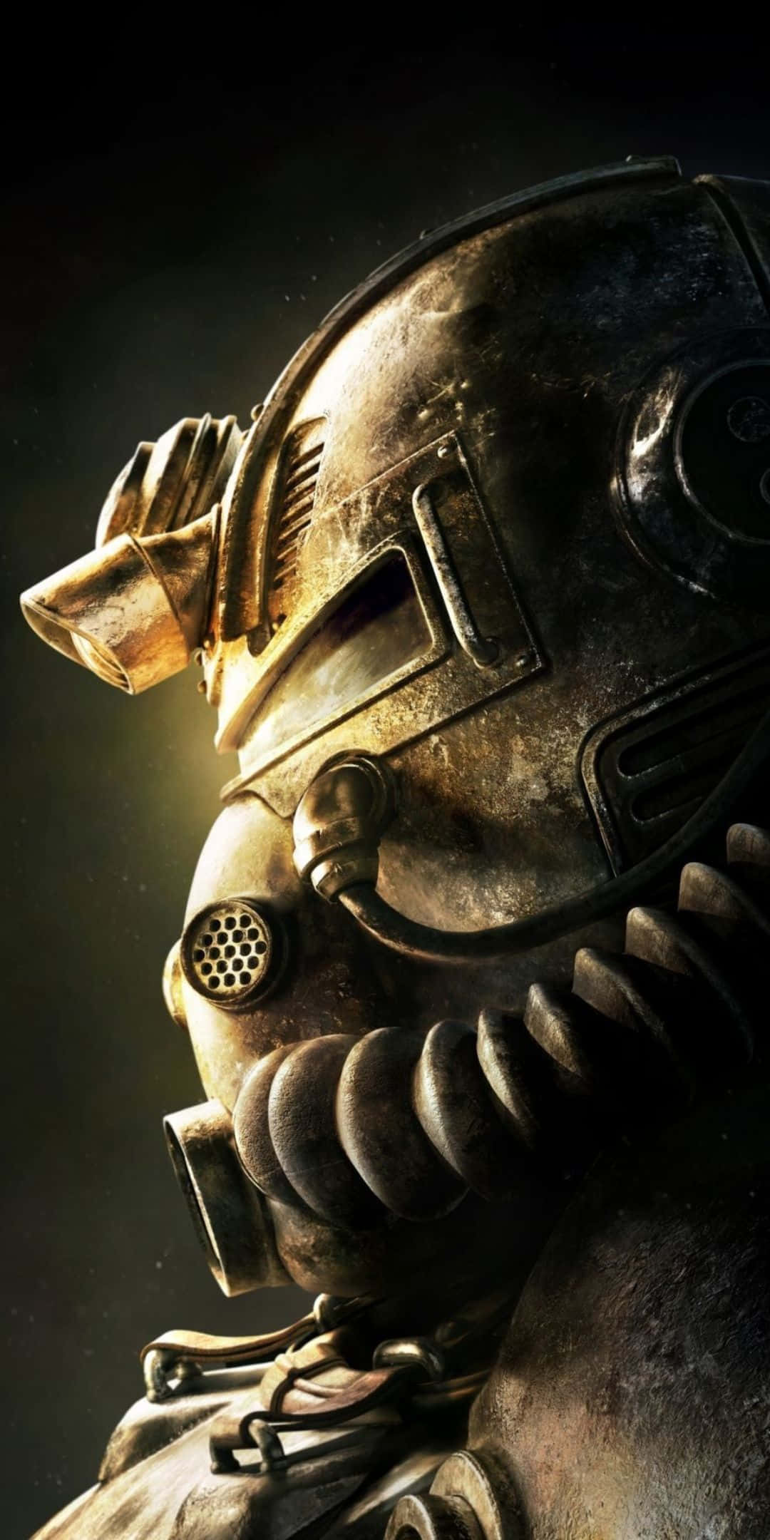 搭配 Pixel 3 與 Fallout 76 探索後末日景觀 壁紙 — 特寫一個風化的金屬動力裝甲頭盔，在黑暗背景下發出溫暖的光芒。