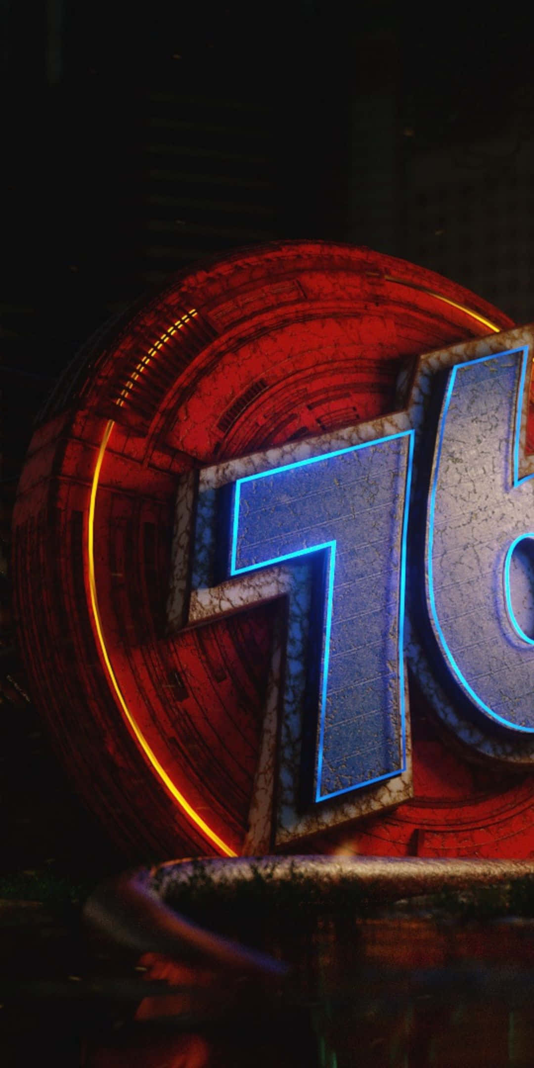 搭配 Pixel 3 與 Fallout 76，開啟遊戲新境界 壁紙 — 發光藍色霓虹數字76立於一個圓形紅橙色照明結構前，處於黑暗的未來主義環境中。