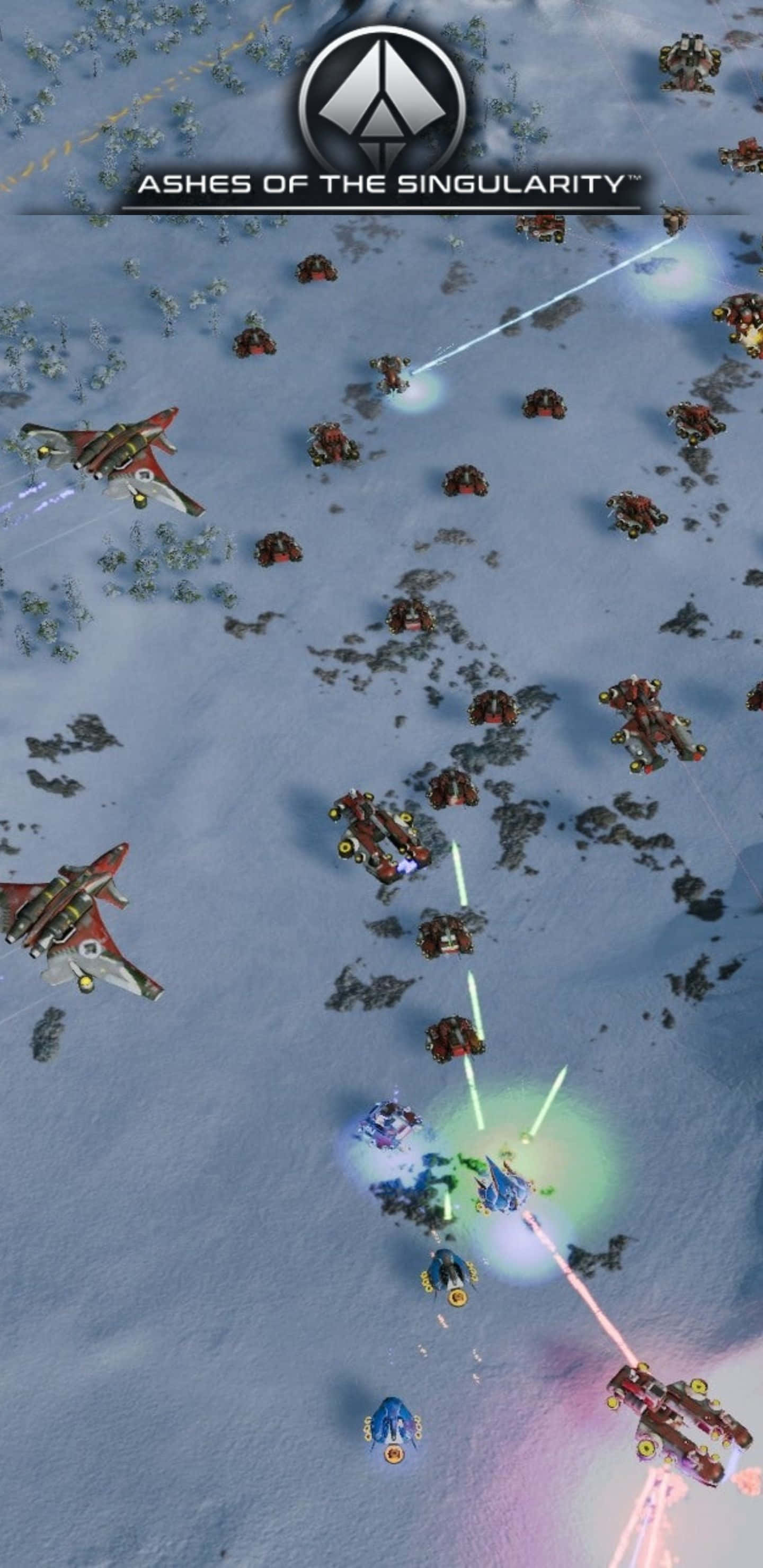 搭配 Pixel 3XL 與《奇異博士：終極毀滅》，將你的遊戲技巧提升至新境界 壁紙 — 激烈的未來戰鬥在雪地展開，配備發光能量武器和飛行戰鬥單位。