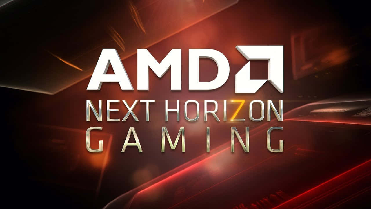 在深色抽象背景上，帶有發光紅色和金色文字的 AMD Next Horizon Gaming 標誌。