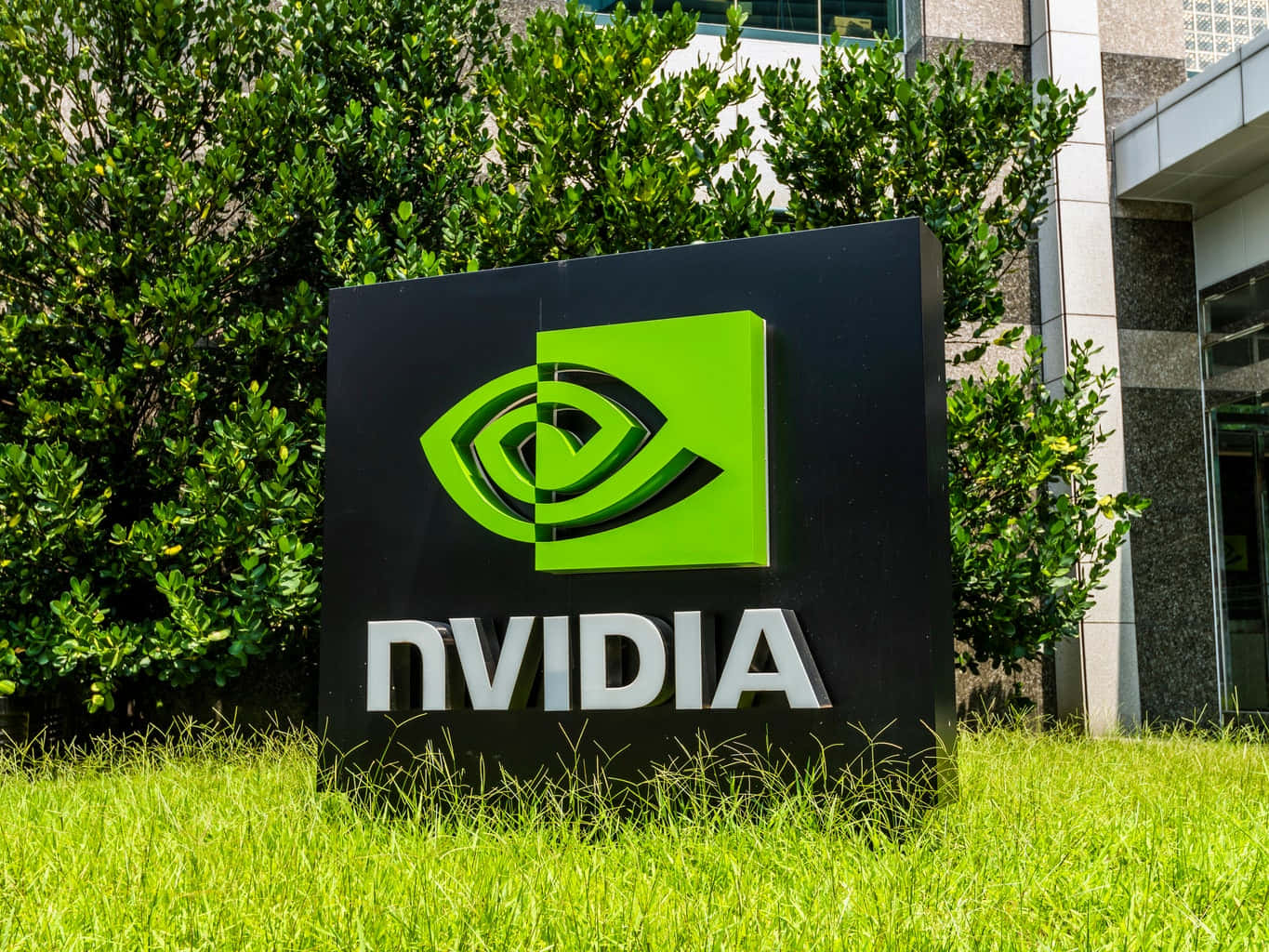 NVIDIA企業標誌，帶有綠色眼睛標誌，位於草地戶外環境