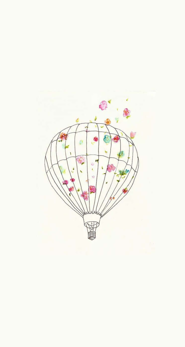 線框熱氣球裝飾著色彩繽紛的水彩花朵，漂浮在奶油色背景上