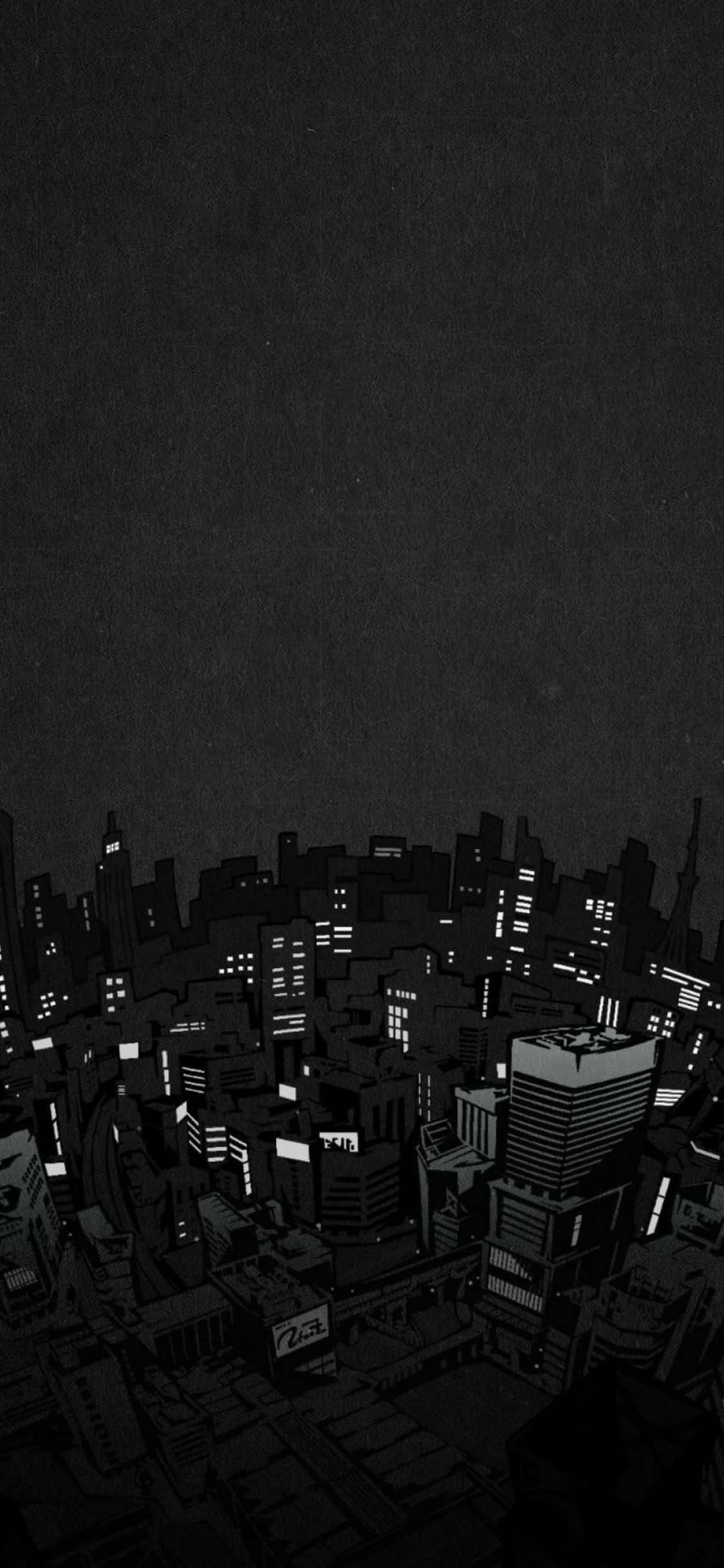 搭配銀色外殼的 iPhone Xs Minimal 壁紙 — 一幅鮮明的黑白插圖，描繪了夜晚廣闊的城市景觀，發光的窗戶穿透黑暗。