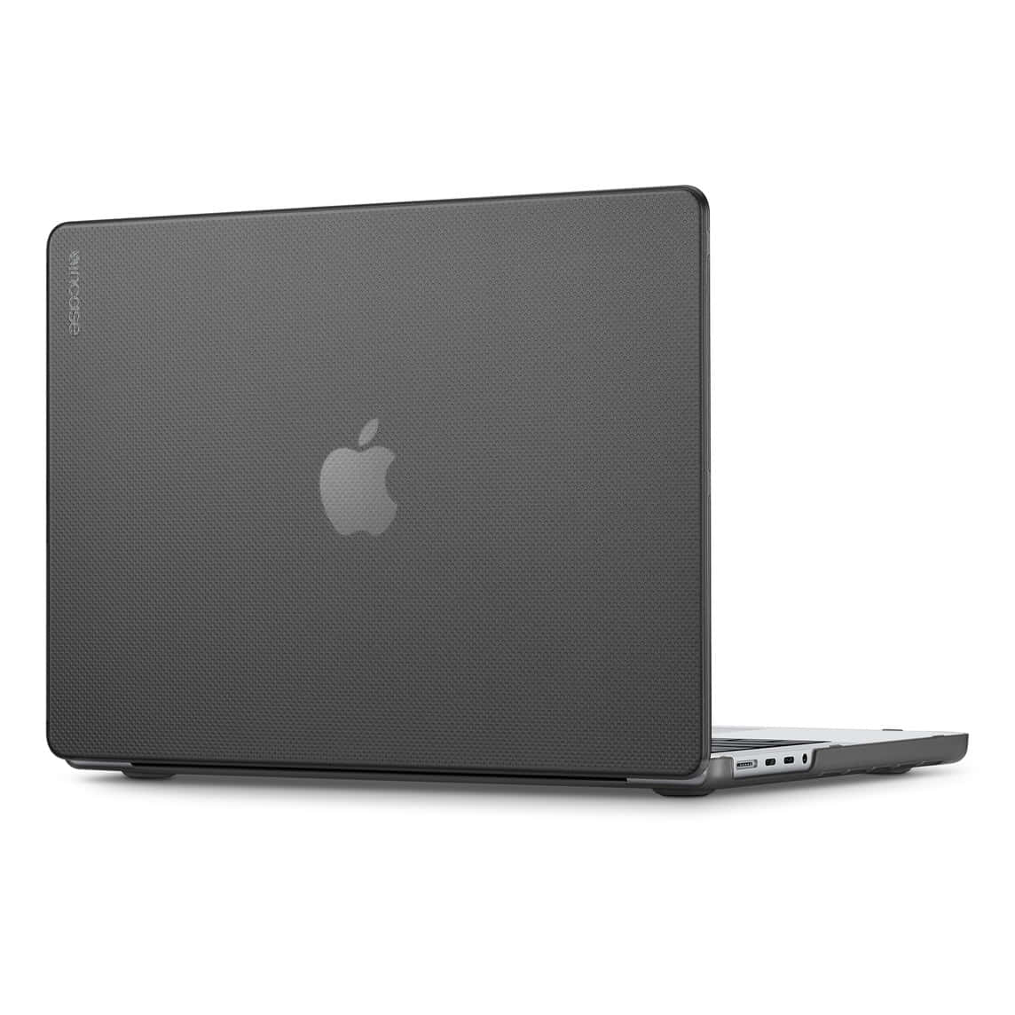 黑色紋理筆記本電腦保護殼，帶有關閉的MacBook上的Apple標誌。