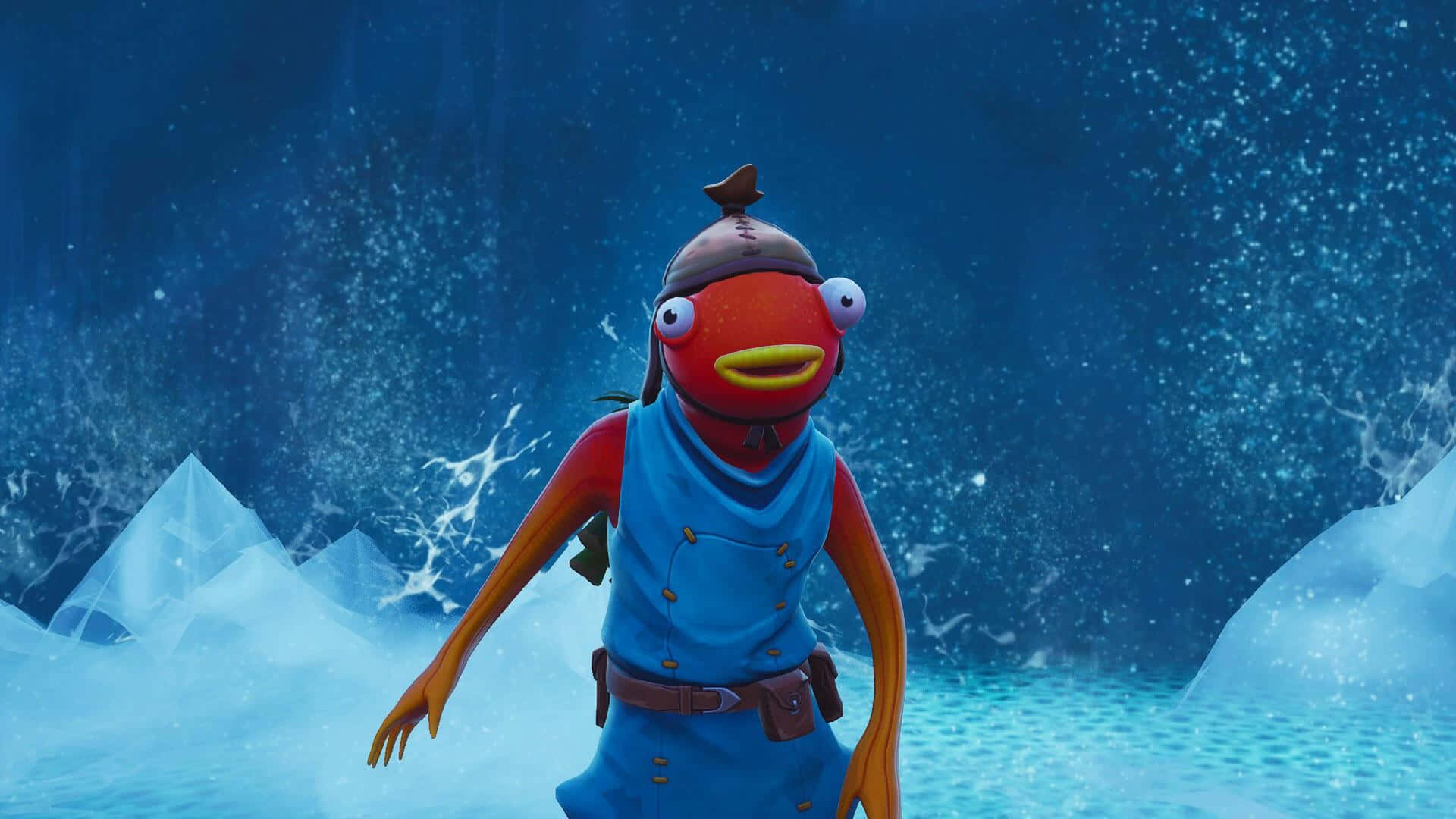 搶先入手《Fortnite》最新魚竿造型，領先對手 壁紙 — 一條紅色魚角色穿著藍色水手服，站在冰水中，雪花飄落在晶瑩的冰層周圍。