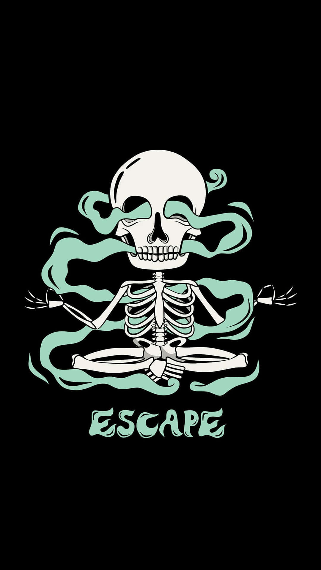 一個骷髏以冥想姿勢出現，伴有青綠色煙霧，下方有escape字樣。
