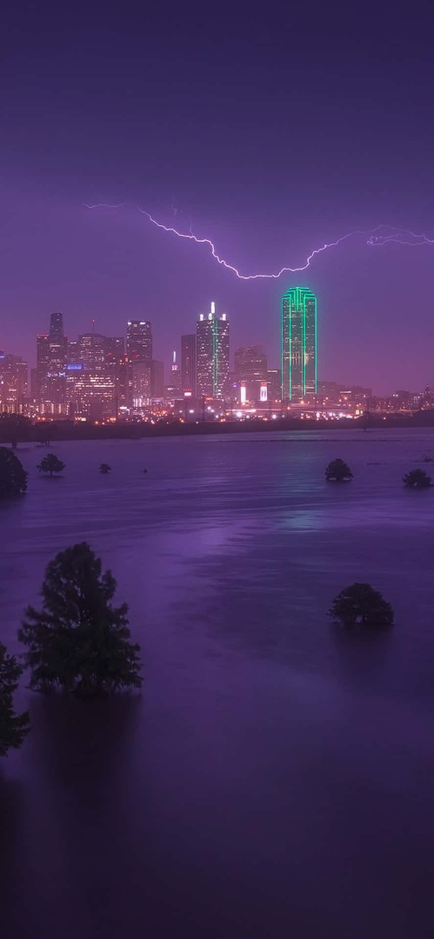 暴風雨之夜，城市天際線，閃電劃過水面和樹木。