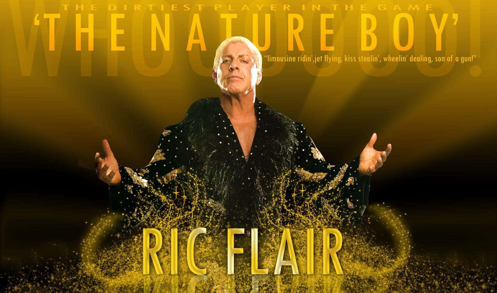 Ric Flair 身穿黑色羽毛外套，搭配金色文字和閃爍效果。