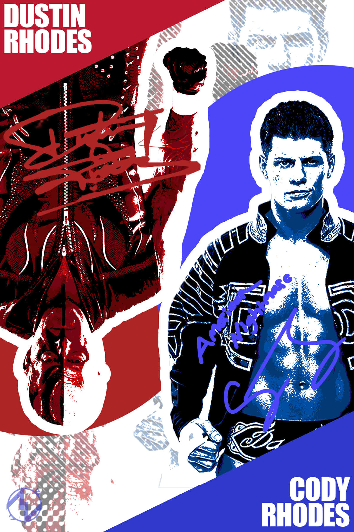 摔角手 Dustin Rhodes 和 Cody Rhodes 的分體海報，紅藍色簽名。