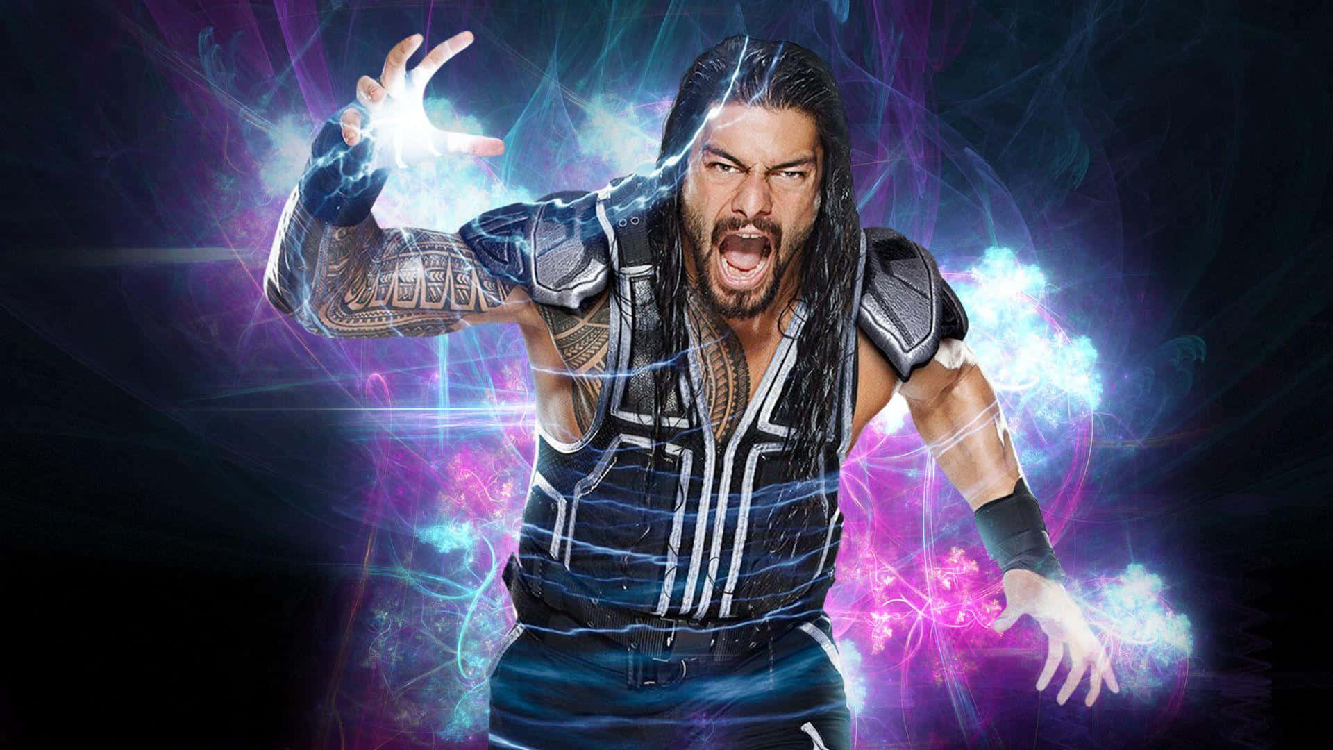 Roman Reigns 桌布 壁紙 — 摔角手 Roman Reigns 在黑暗的宇宙背景下咆哮，發光的能量在他伸出的雙手周圍噼啪作響。