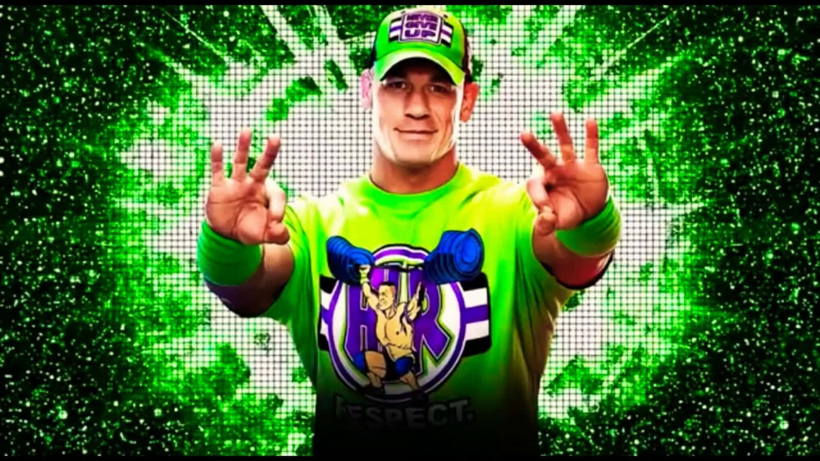 John Cena 桌布 壁紙 — 摔角手John Cena身穿亮綠色裝備，在閃爍的綠色數碼背景前自信地擺姿勢。