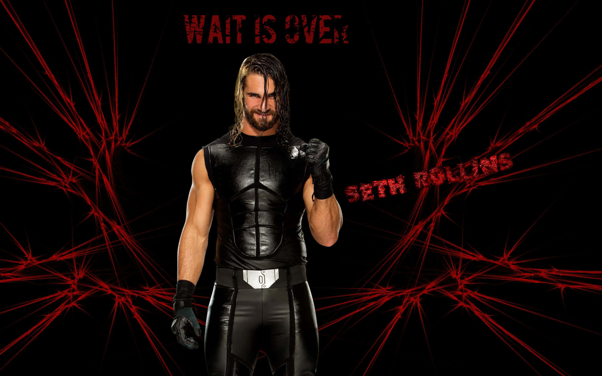 摔角手 Seth Rollins 身穿黑色皮革裝備，背後有紅色閃電和文字。