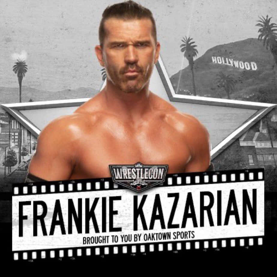 摔角狂熱明星弗蘭基·卡薩里安 壁紙 — 肌肉發達的摔角手 Frankie Kazarian 在荷里活背景下，被星星和膠片條框住，凝視著鏡頭。