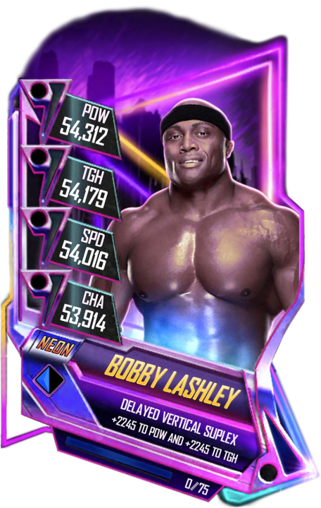 摔跤手Bobby Lashley霓虹卡 壁紙 — 一張充滿活力的數碼摔角卡， featuring Bobby Lashley，帶有發光的統計數據，背景為霓虹紫色和藍色的未來風格。