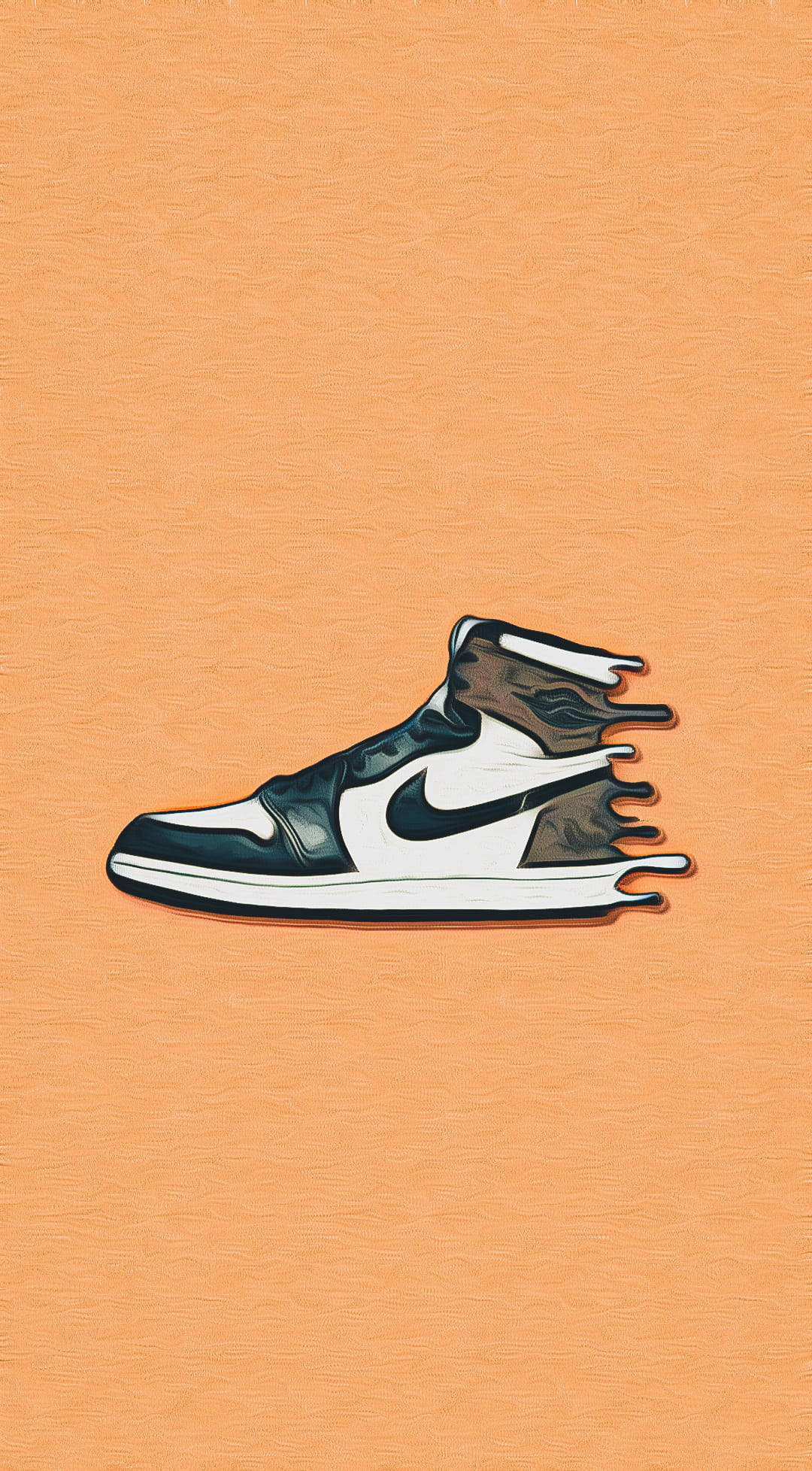 摩卡色背景Nike卡通鞋 壁紙 — 一雙風格化的黑白運動鞋，帶有火焰般的痕跡，置於有紋理的桃色背景上。