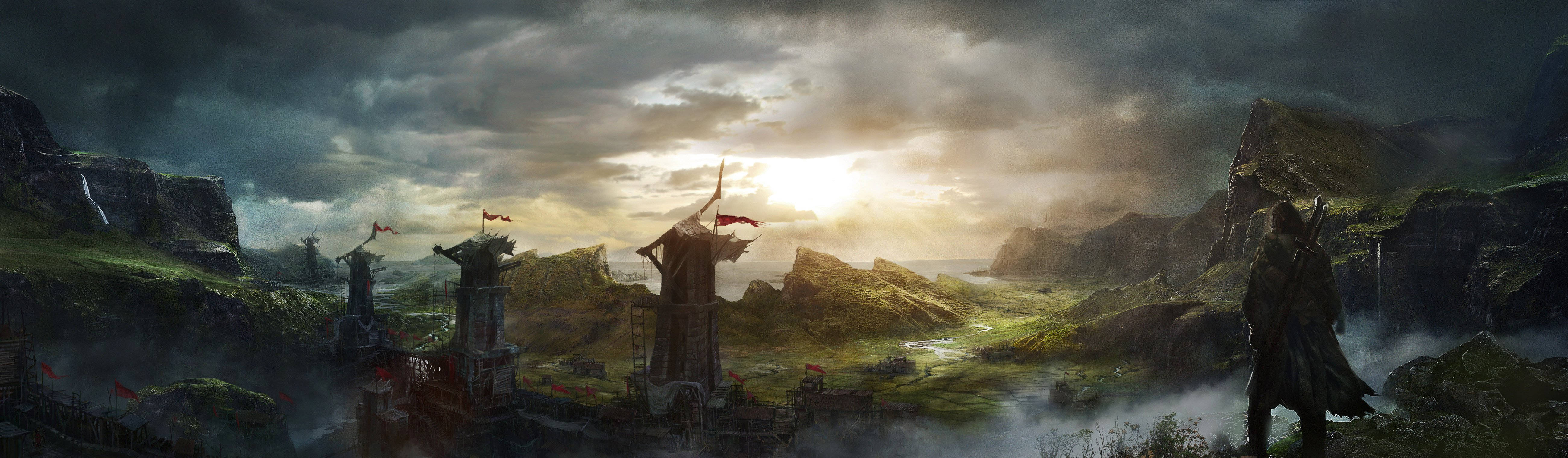 《摩多爾之影》遊戲風景 4K 壁紙 — 一名孤獨的戰士站在霧氣籠罩的懸崖上，俯瞰著一座廢墟城堡，城堡上飄揚著紅旗，背景是戲劇性的日落天空。