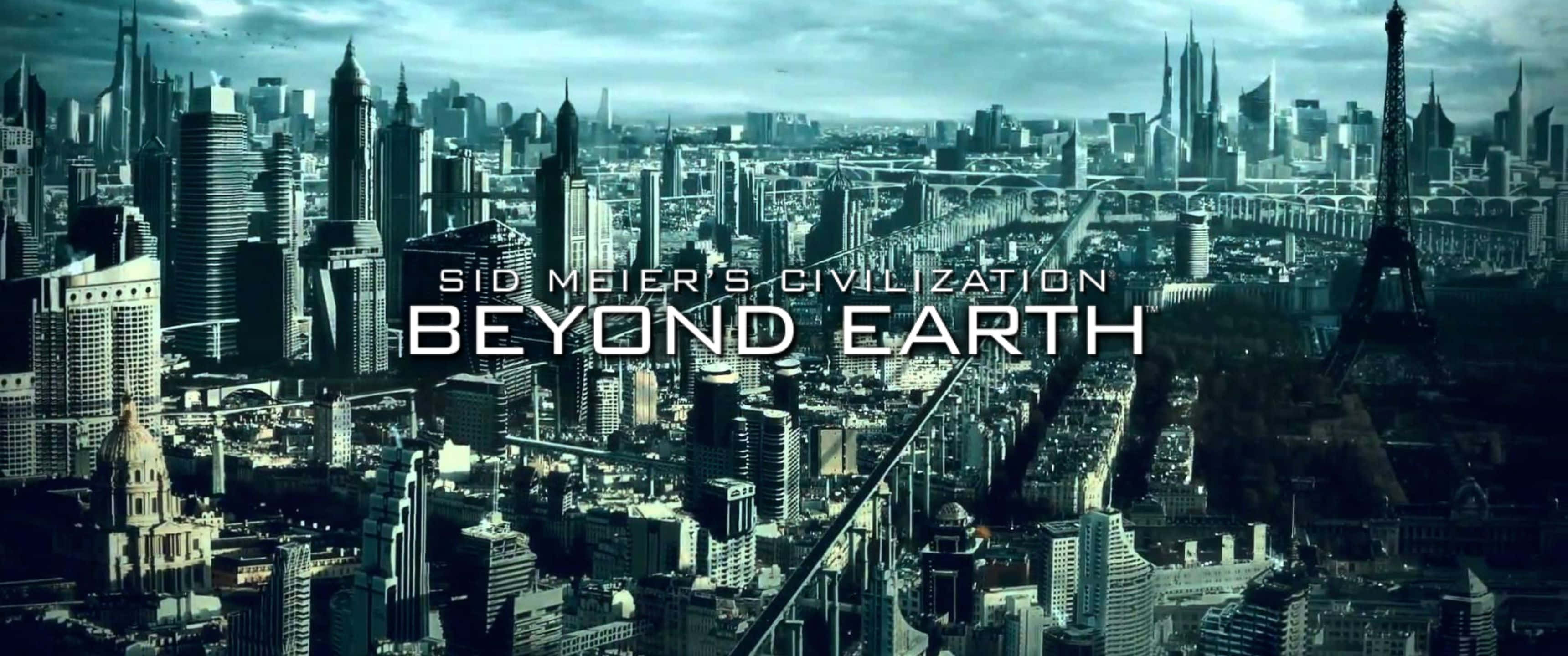 摩天大樓與建築 3440x1440p《文明：地球以外》背景 壁紙 — 未來主義的城市景觀將標誌性的地球地標與高聳的摩天大樓融合在一起，籠罩在陰沉的灰色天空下。