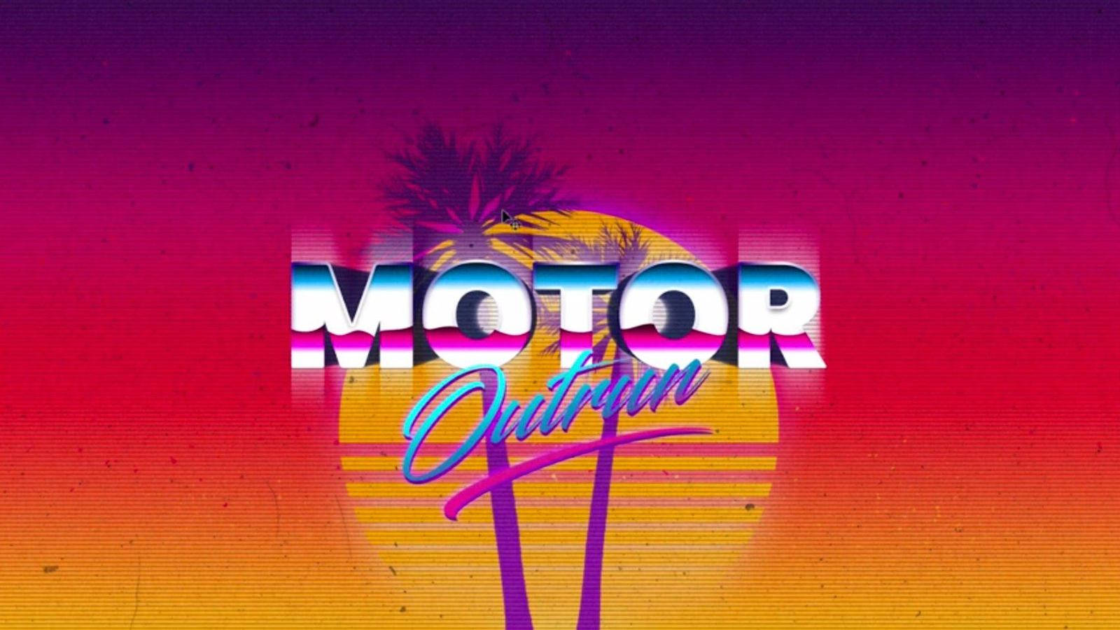 復古電子遊戲標題 MOTOR Outrun，帶有棕櫚樹和漸變日落背景。