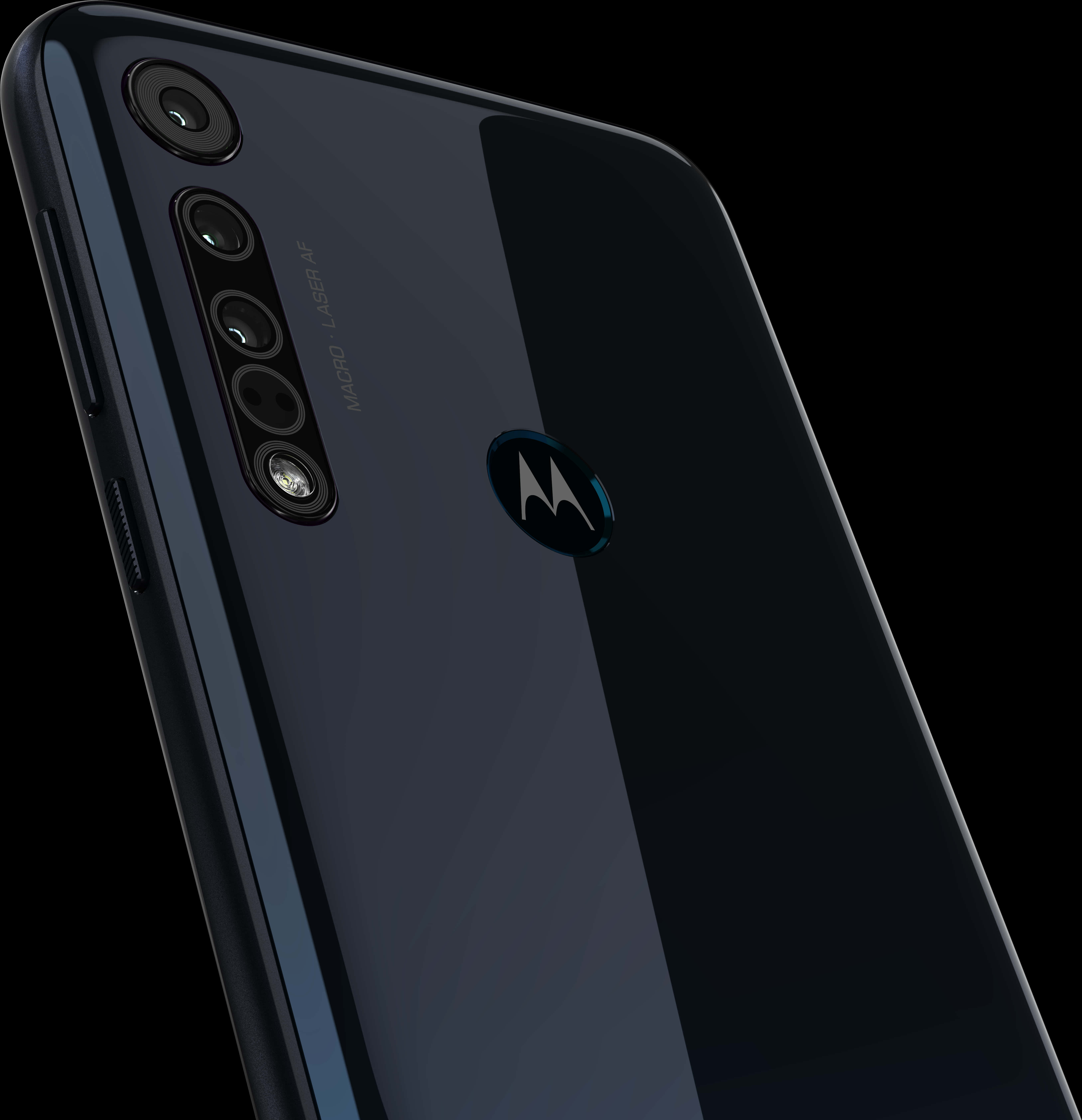 摩托羅拉智慧型手機相機設計細節 壁紙 — 黑色Motorola智能手機的特寫，展示其四鏡頭陣列和光面質感，背景為深色。