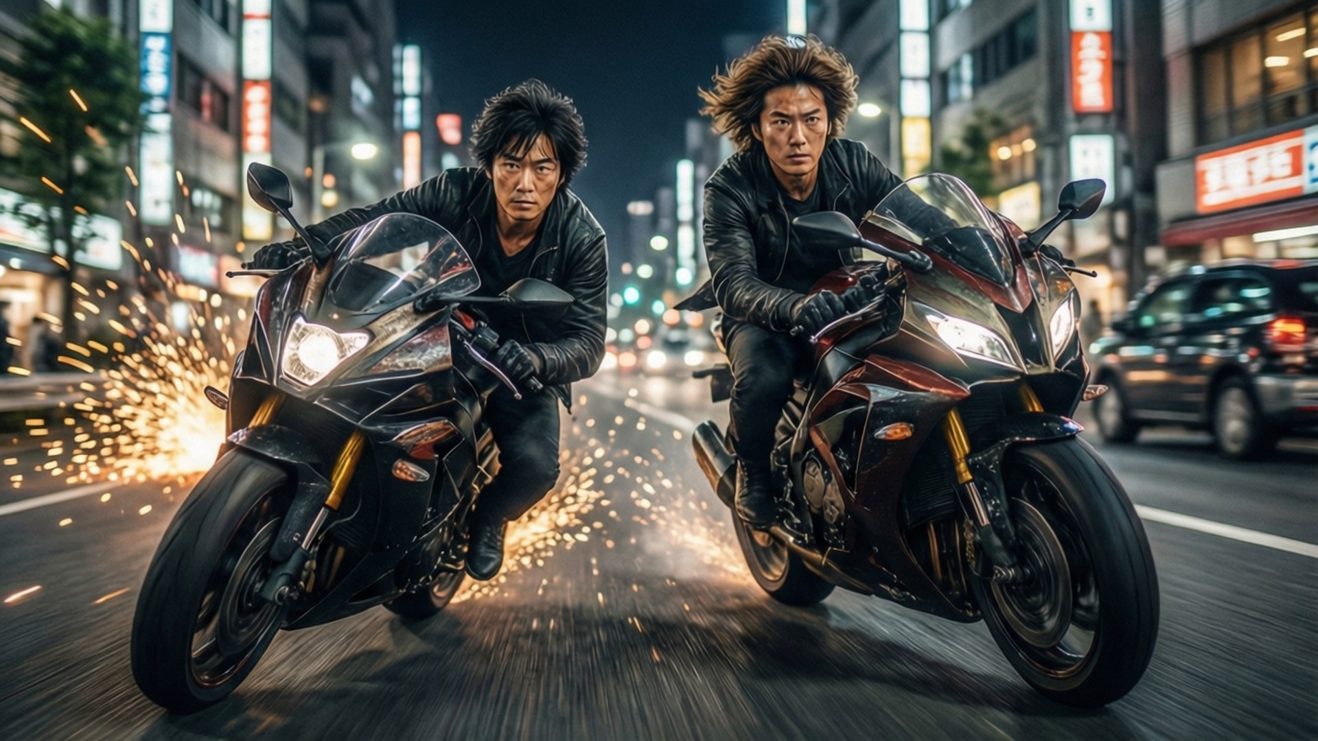 兩名男子在夜晚霓虹燈照亮的城市街道上賽車，火花飛濺。