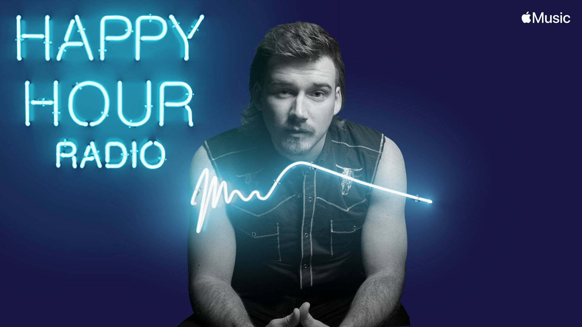 摩根·沃倫《Happy Hour Radio》節目圖像 壁紙 — 一個男人坐在深藍色背景前，帶有發光霓虹燈 'HAPPY HOUR RADIO' 文字和聲波圖形。