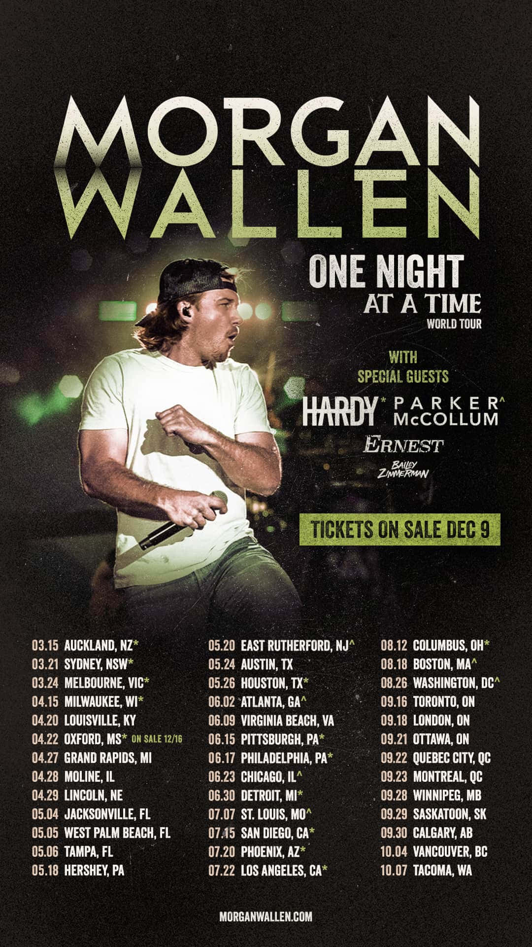 Morgan Wallen 桌布 壁紙 — 摩根·沃倫在明亮的燈光下熱情地在舞台上表演他的One Night at a Time巡迴海報。