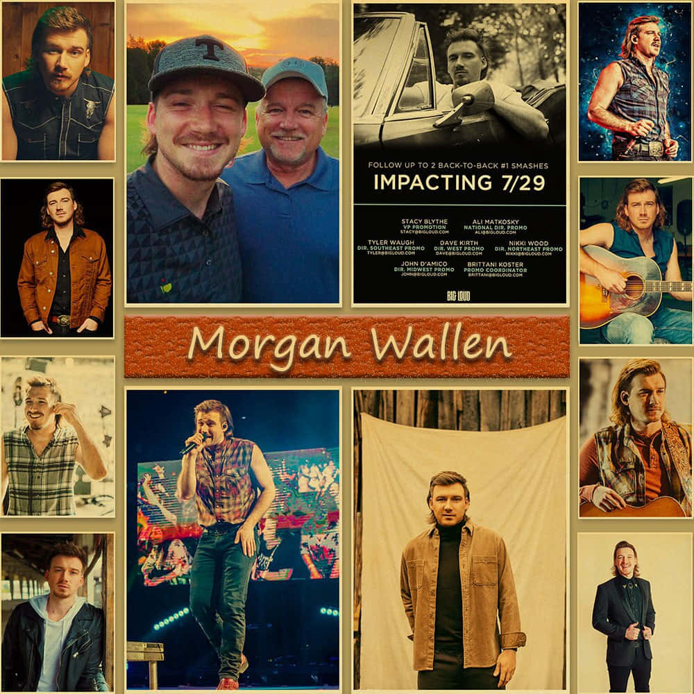 Morgan Wallen 桌布 壁紙 — 摩根·沃倫的拼貼畫，包含舞台表演、休閒肖像和宣傳照片等多種場景，帶有溫暖的復古色調。
