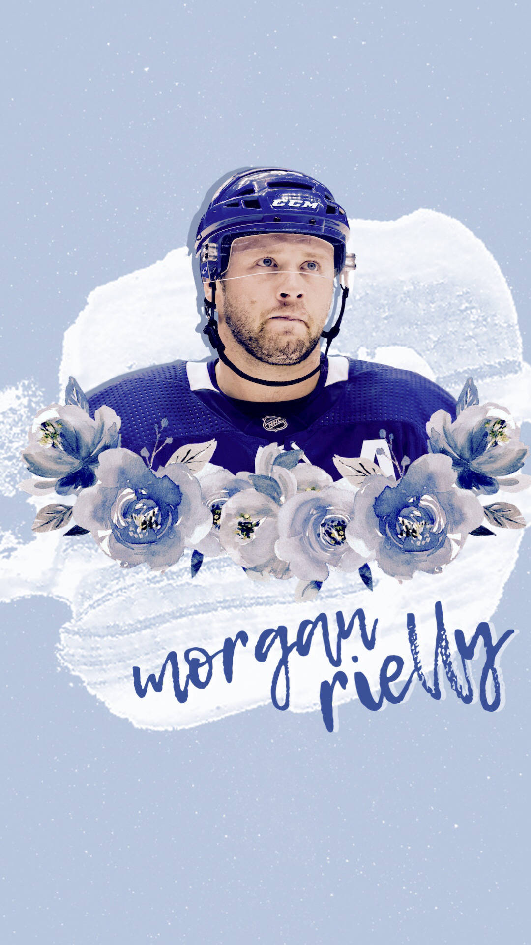 摩根·里利花卉藝術圖案 壁紙 — 冰球運動員 Morgan Rielly 身穿藍色裝備，以水彩花卉框住，背景柔和冰感。