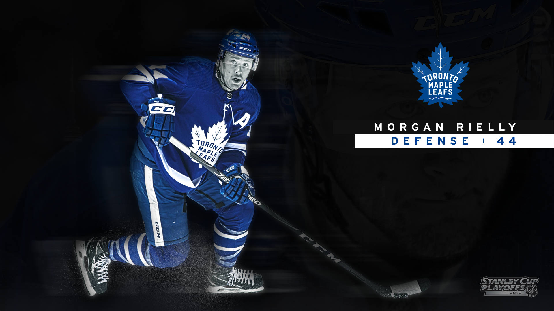 摩根·里利黑色背景圖形藝術 壁紙 — 冰球運動員 Morgan Rielly 身穿多倫多楓葉隊裝備，在深色背景上動態蹲伏，帶有球隊標誌和統計數據疊加。