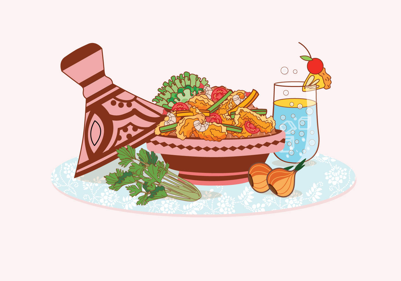 充滿活力的插圖餐點，包括塔吉鍋、蝦、蔬菜和櫻桃飲料，放在圖案盤子上。