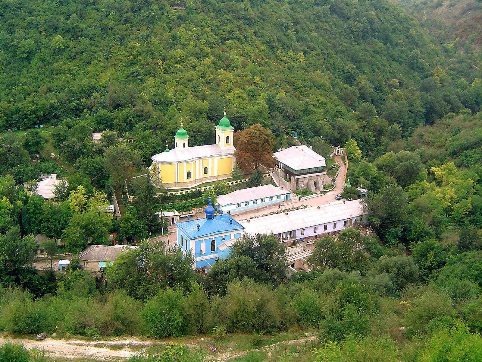 摩爾多瓦彩色城堡 壁紙 — 俯瞰一個色彩繽紛的修道院建築群，坐落在鬱鬱蔥蔥的綠色森林山谷中。